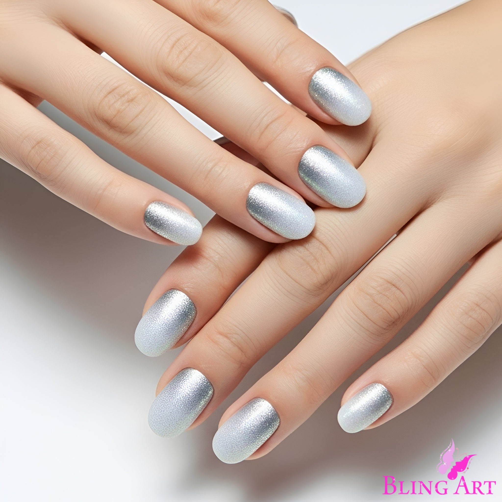 False Nails by Bling Art Silver Gel Ombre Oval Medium Fake Acrylic 24 Tips Glue
