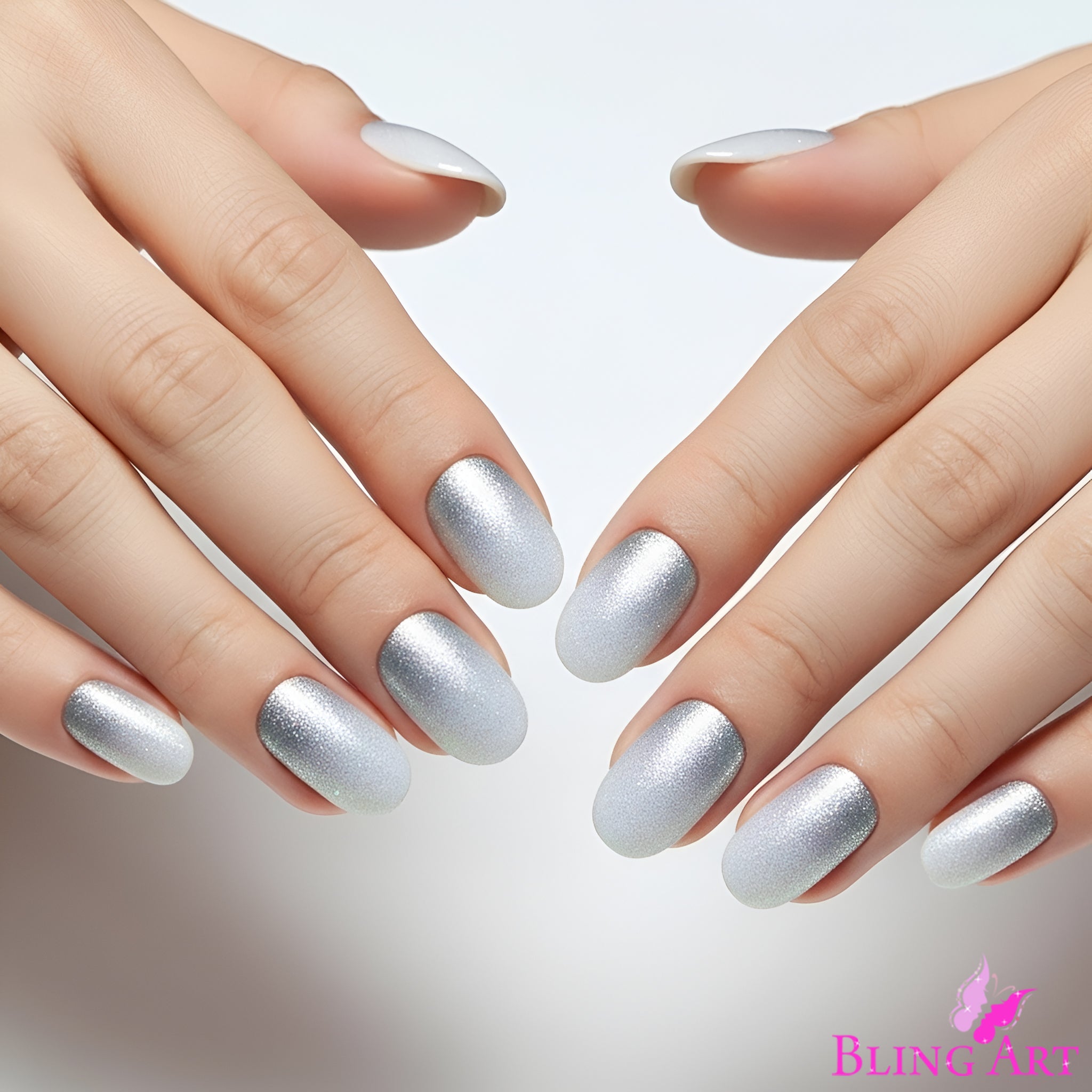 False Nails by Bling Art Silver Gel Ombre Oval Medium Fake Acrylic 24 Tips Glue