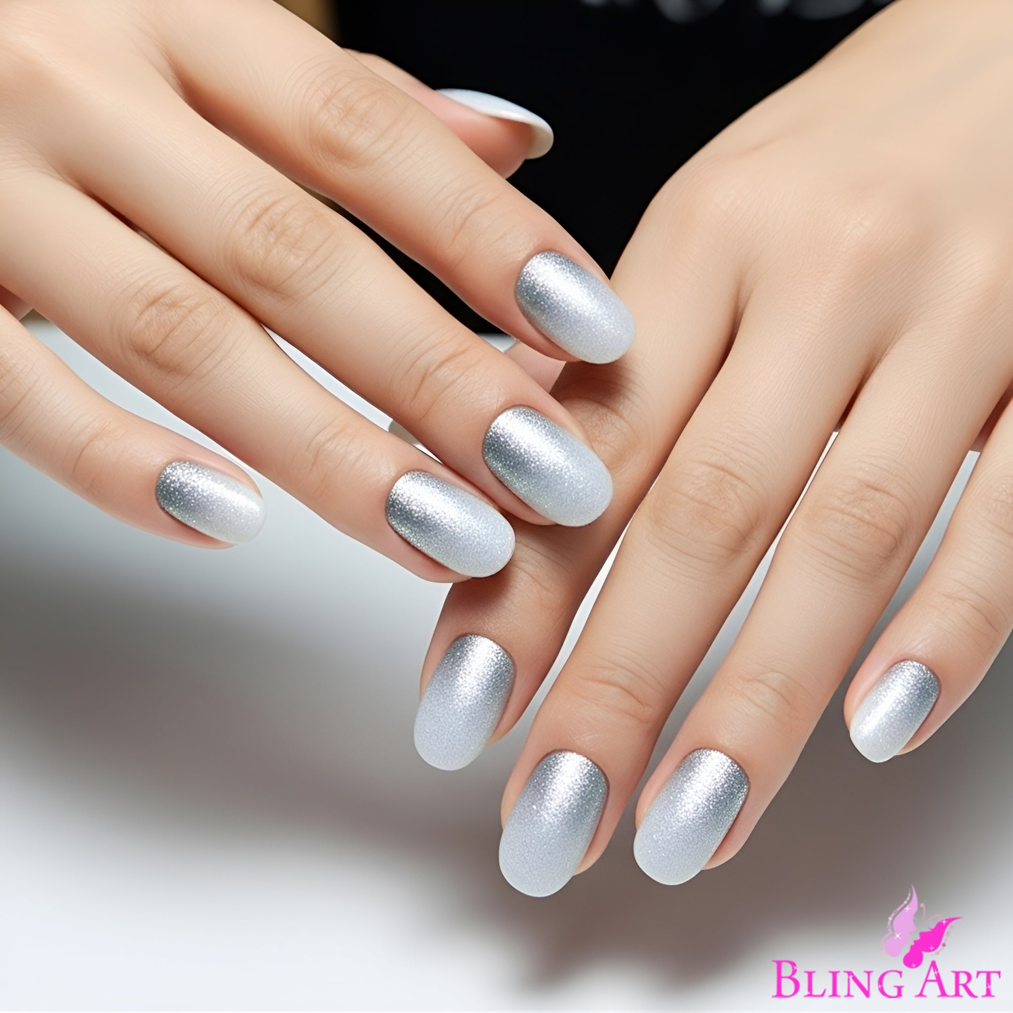 False Nails by Bling Art Silver Gel Ombre Oval Medium Fake Acrylic 24 Tips Glue