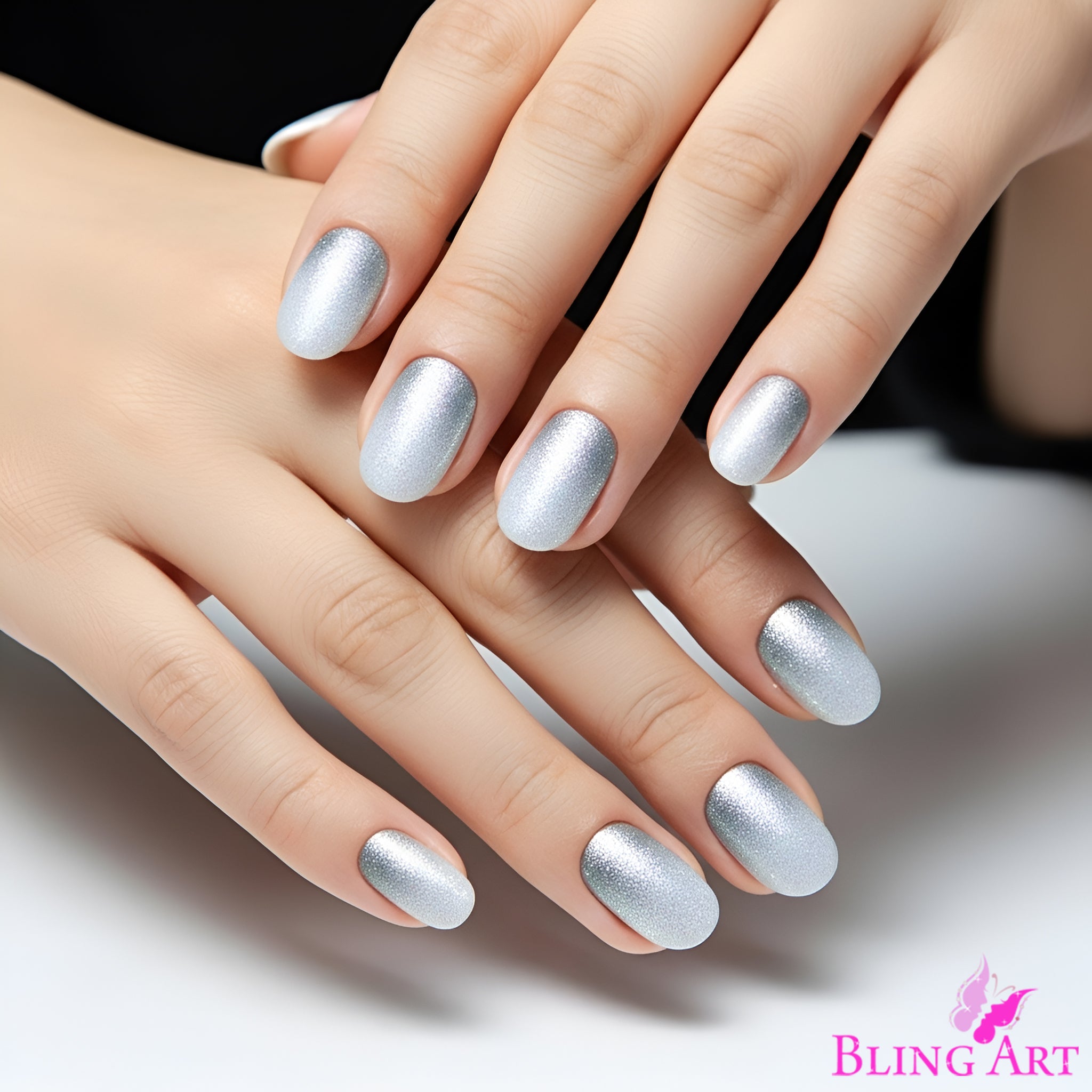 False Nails by Bling Art Silver Gel Ombre Oval Medium Fake Acrylic 24 Tips Glue