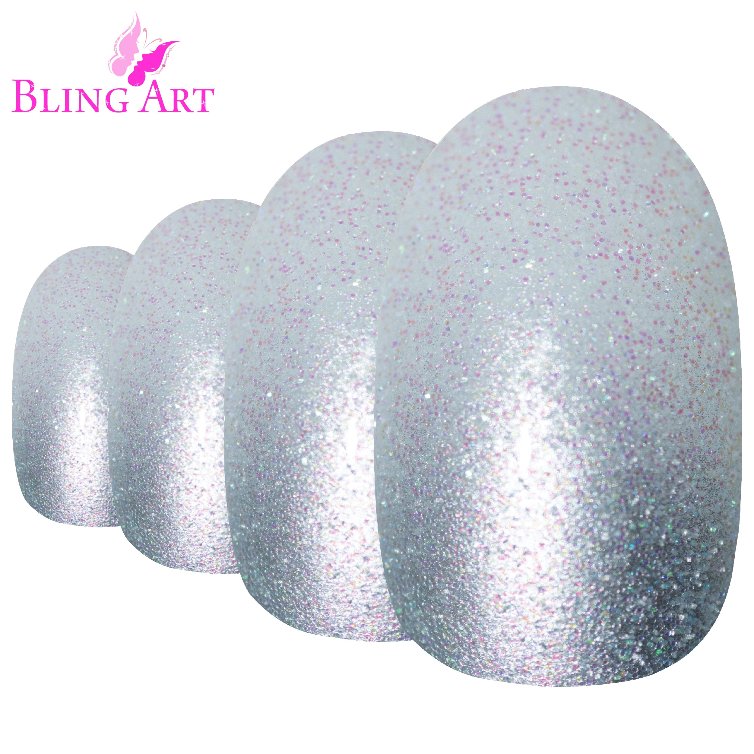 Silver gel ombre oval Bling Art press-on nails — worn-hand close-up showing the chrome silver gradient on medium-length oval tips.