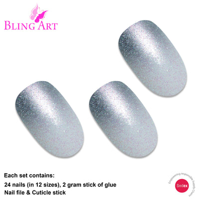 Silver gel ombre oval press-on false nails by Bling Art — chrome silver gradient gel ombre on the classic oval shape for parties, Christmas and editorial events. 24 nails, 12 sizes XS-XXL, no UV lamp. Designed in Yorkshire UK.