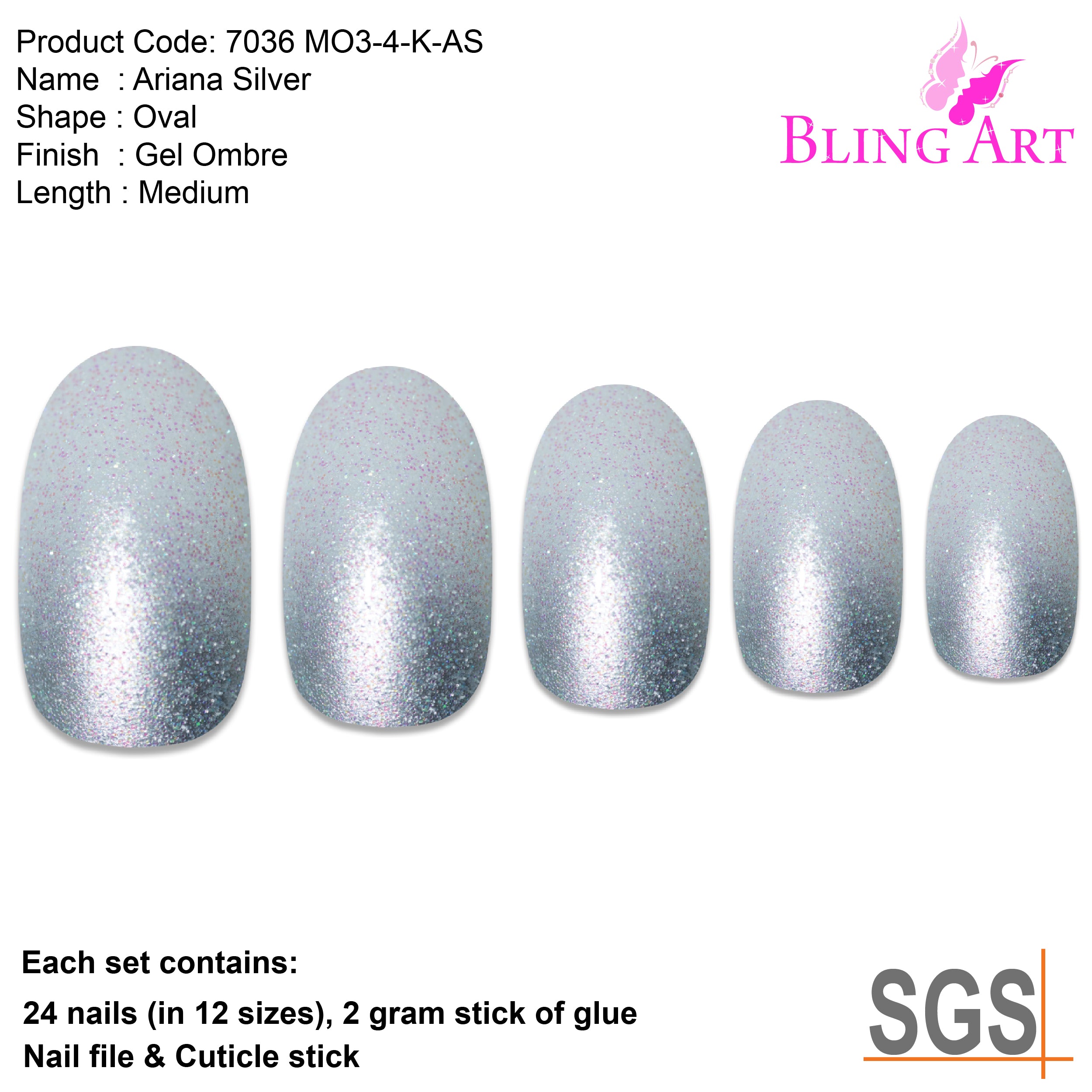 Silver gel ombre oval Bling Art press-on nails — full-hand reveal showing all 24 nails for parties and Christmas events.