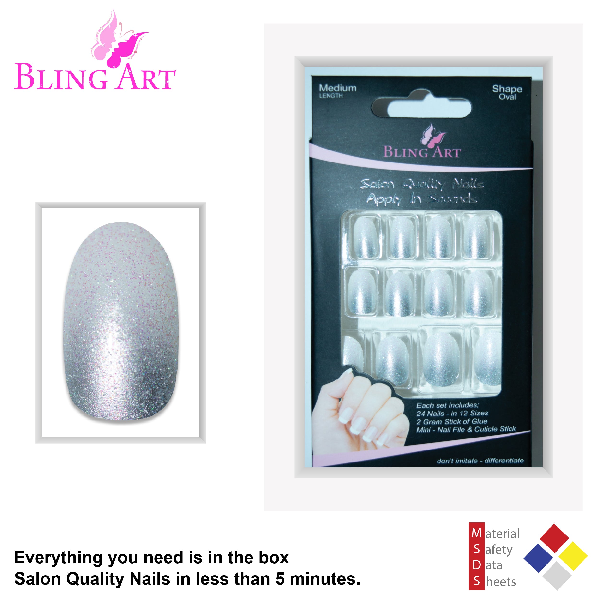 Silver gel ombre oval Bling Art press-on nails — lifestyle context shot showing the sleek chrome silver gradient.
