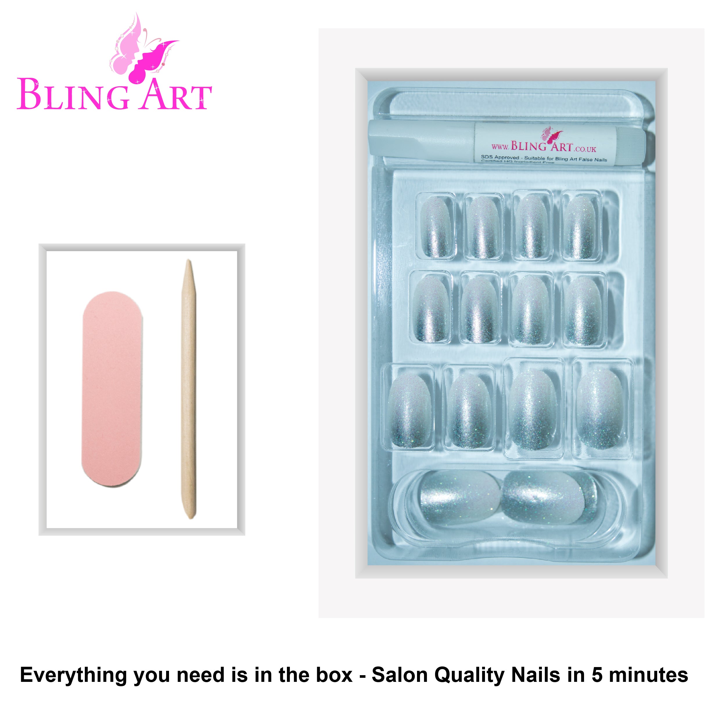 Silver gel ombre oval Bling Art press-on nails — alternative angle revealing the ombre transition on the oval shape.