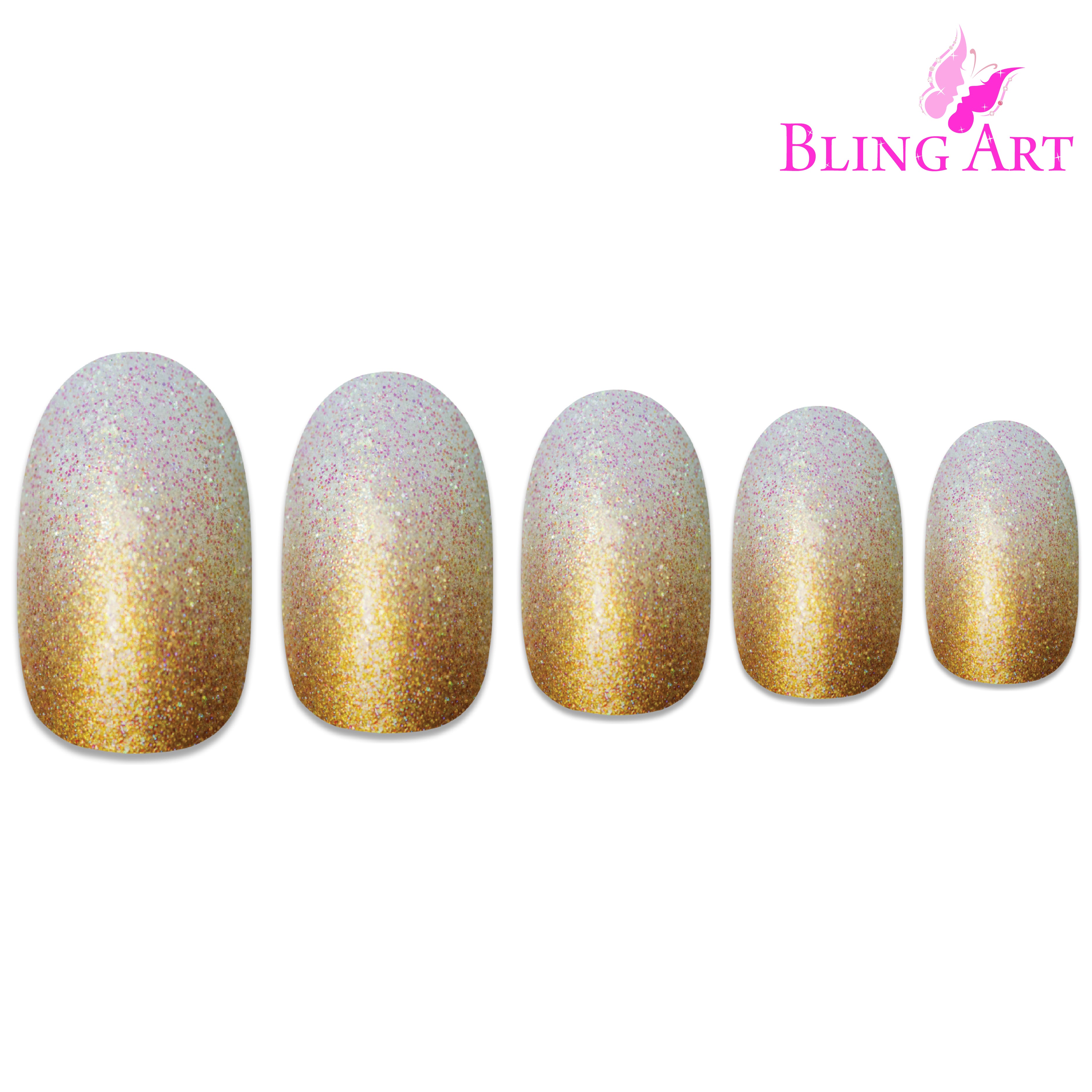 Gold gel ombre oval Bling Art press-on nails — alternative angle revealing the ombre transition on the oval shape.