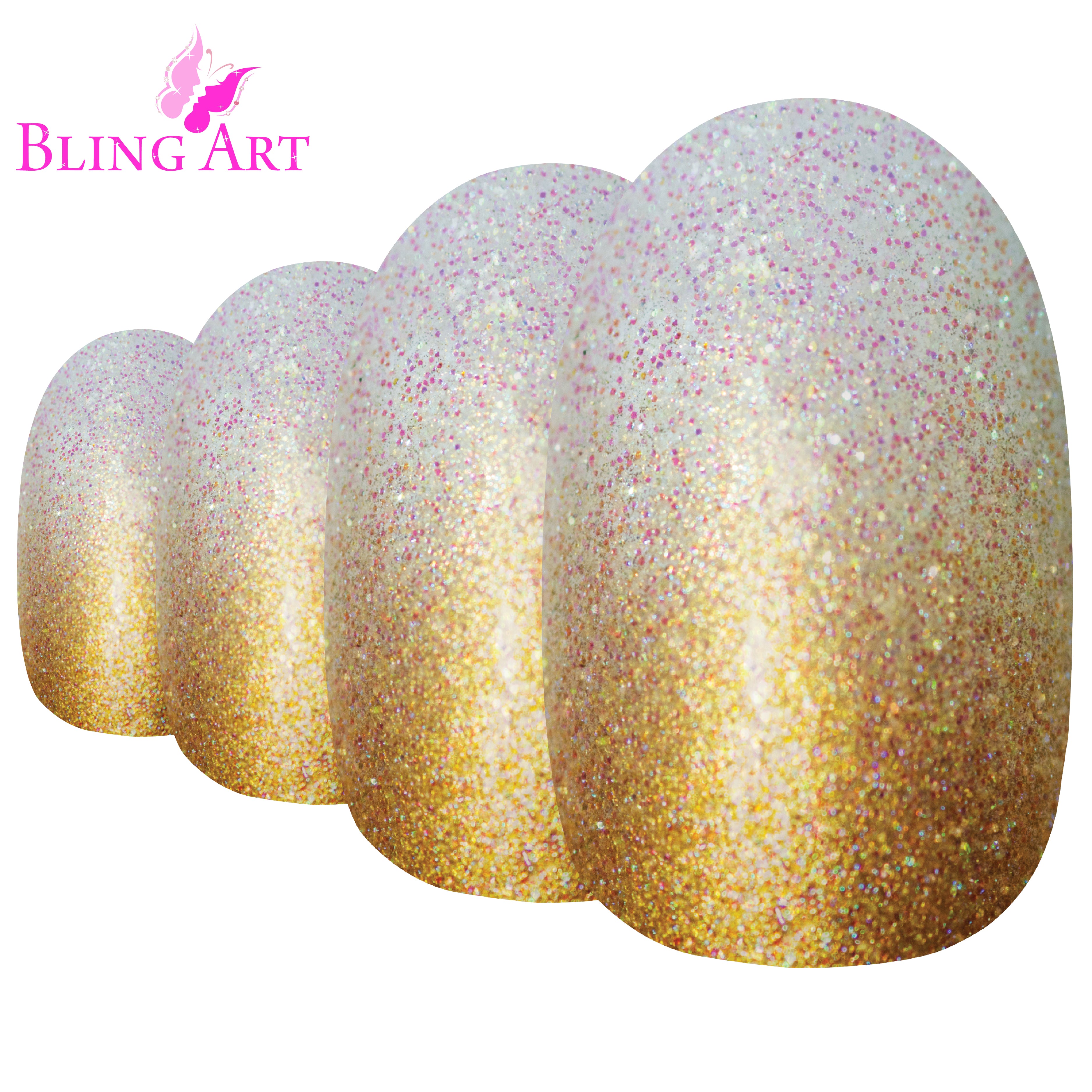 Bling Art Gold gel ombre oval press-on nail set packaging — 24 nails, 12 sizes XS-XXL, file and cuticle stick included. Glue not included.