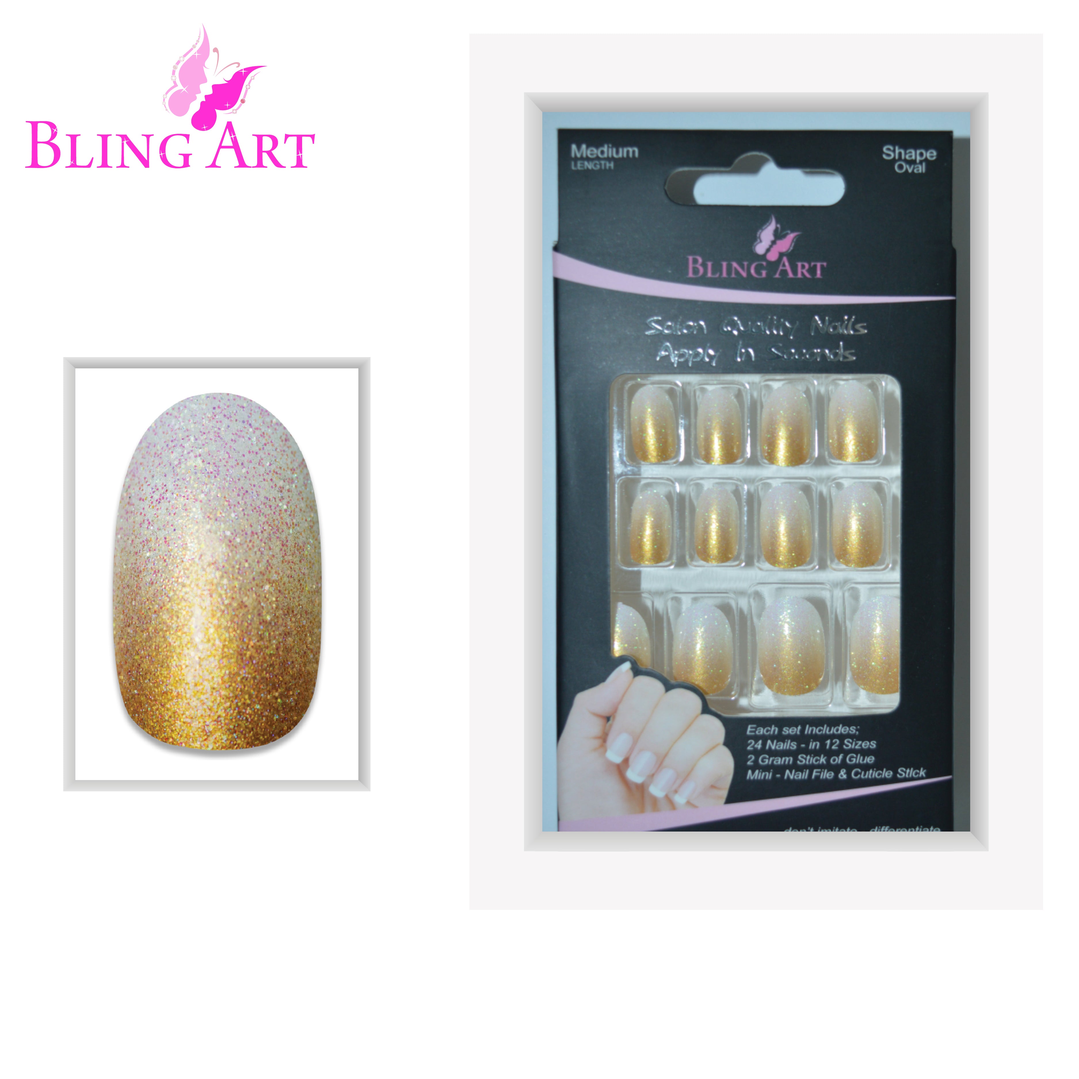 Gold gel ombre oval Bling Art press-on nails — full-hand reveal showing all 24 nails for weddings and Christmas events.