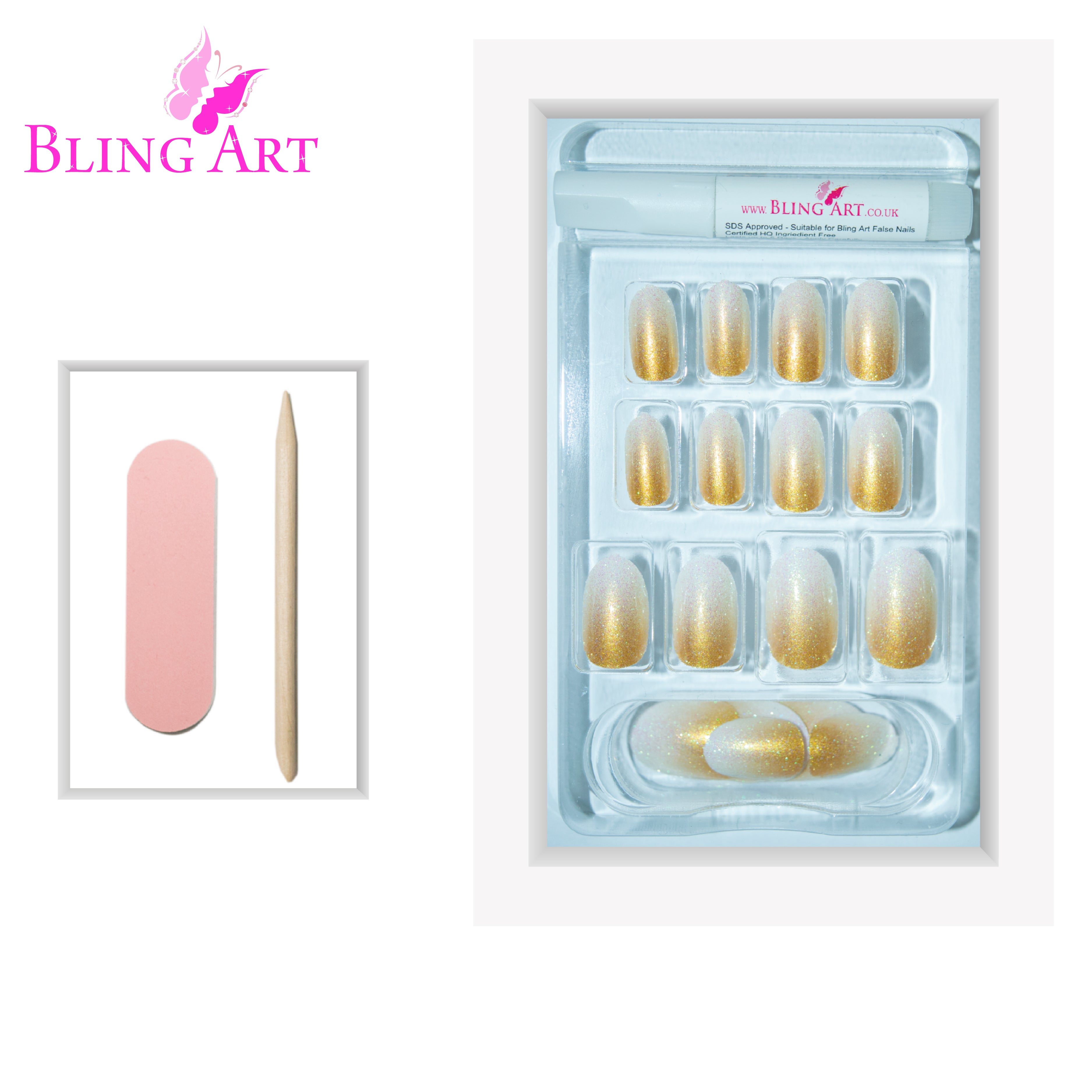 Gold gel ombre oval Bling Art press-on nails — worn-hand close-up showing the champagne-gold gradient on medium-length oval tips.