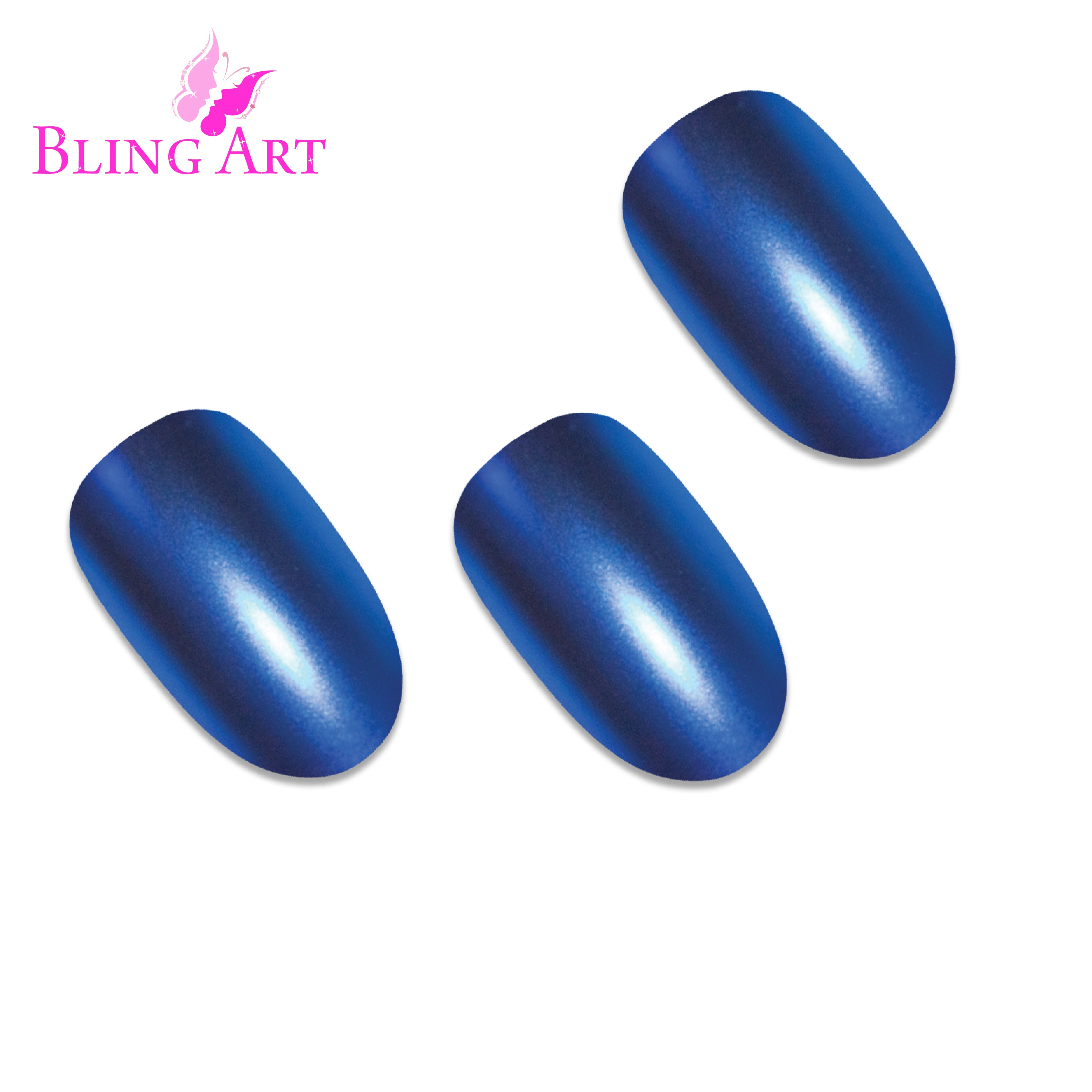 Blue matte metallic oval Bling Art press-on nails — worn-hand close-up showing ocean-blue chrome with velvet matte texture on oval tips.