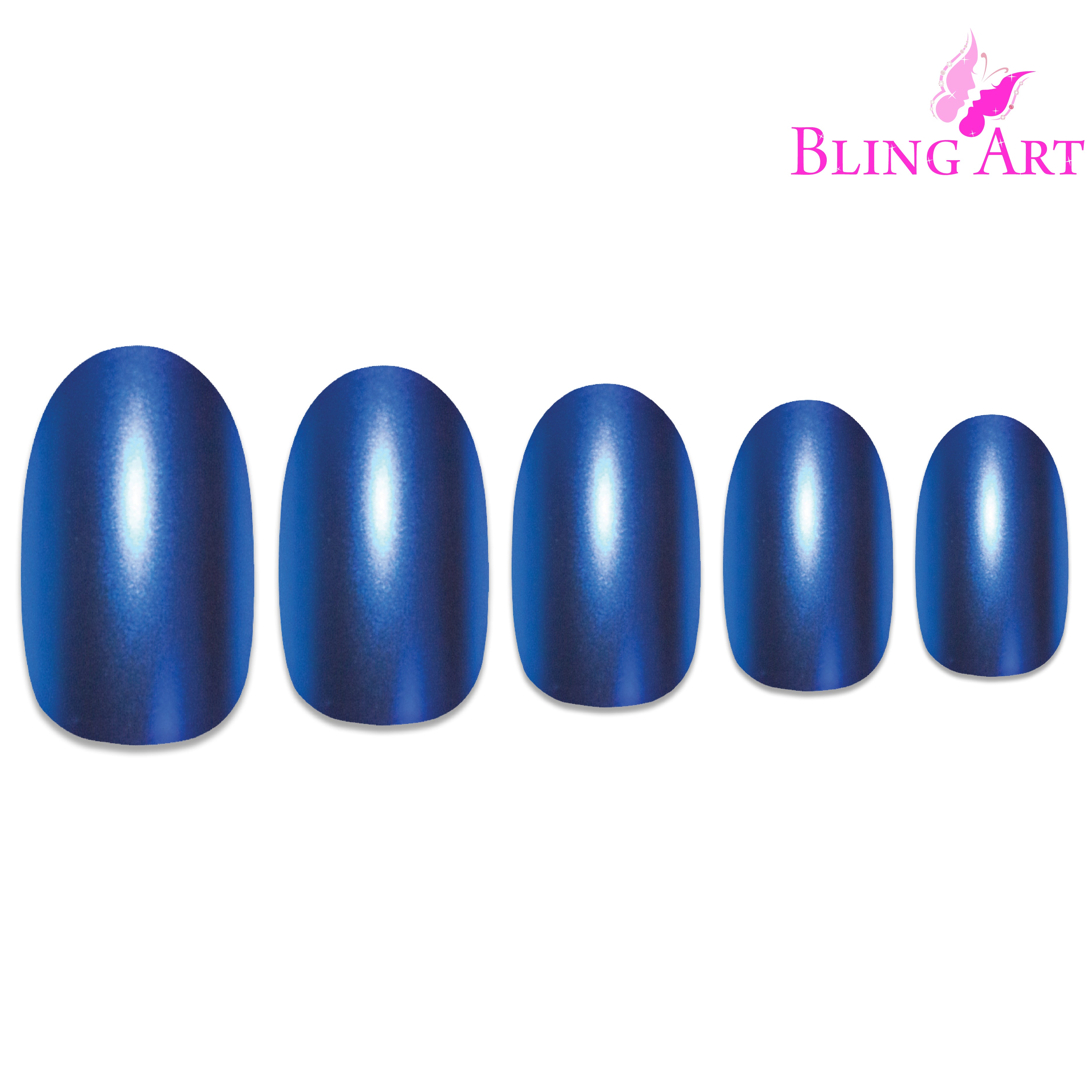 Blue matte metallic oval Bling Art press-on nails — alternative angle revealing the bond line on the oval shape.