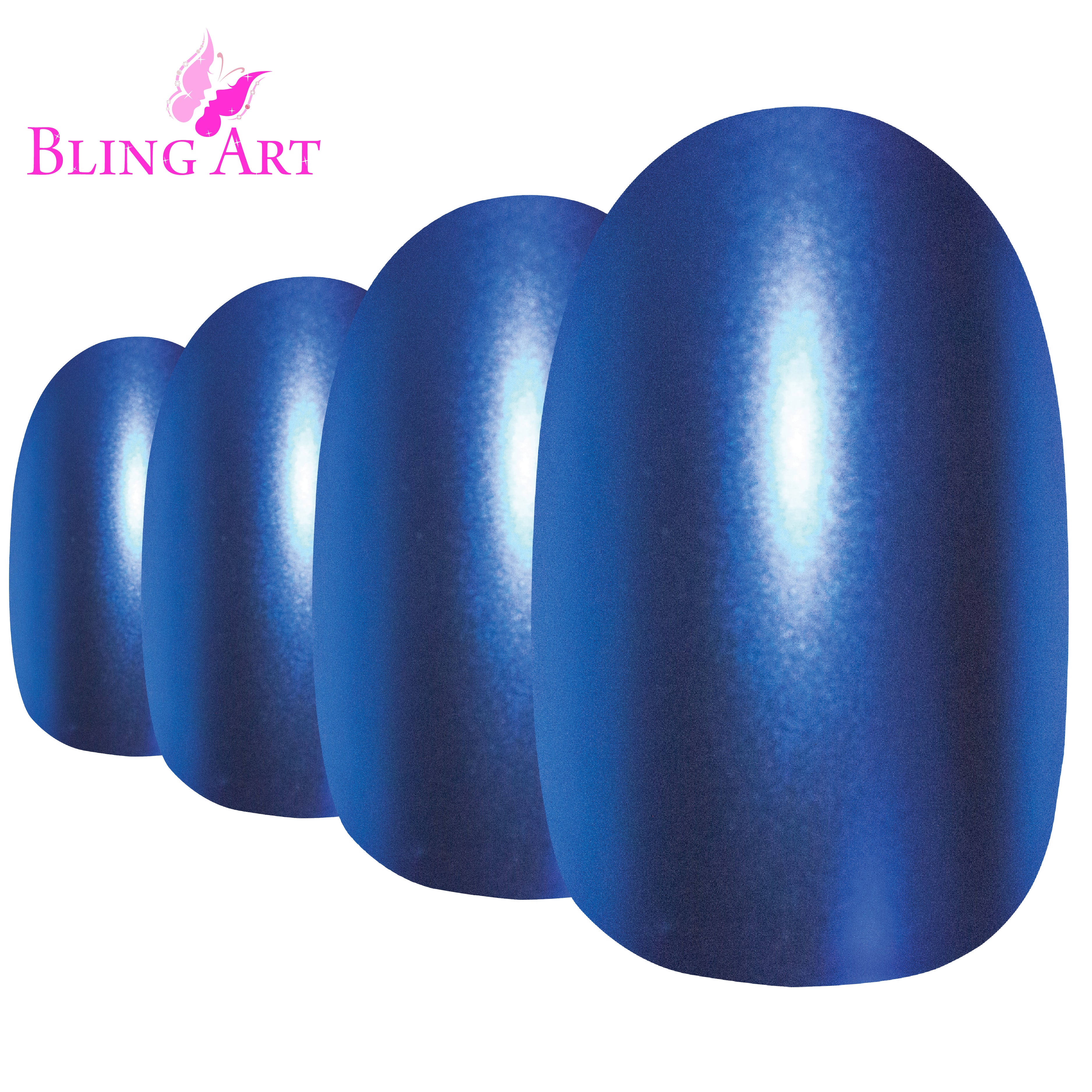 Bling Art Blue matte metallic oval press-on nail set packaging — 24 nails, 12 sizes XS-XXL, file and cuticle stick included. Glue not included.