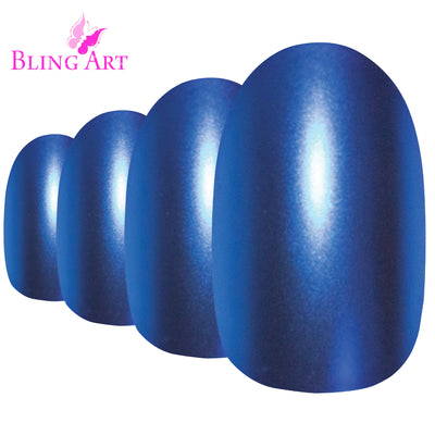 Vivid ocean blue matte-metallic oval-shaped press-on false nails by Bling Art — bold metallic colour for festivals, parties, and statement events · chrome-finish metallic with velvet matte texture · medium-length oval tips · 24 nails per set with adhesive · designed in Yorkshire