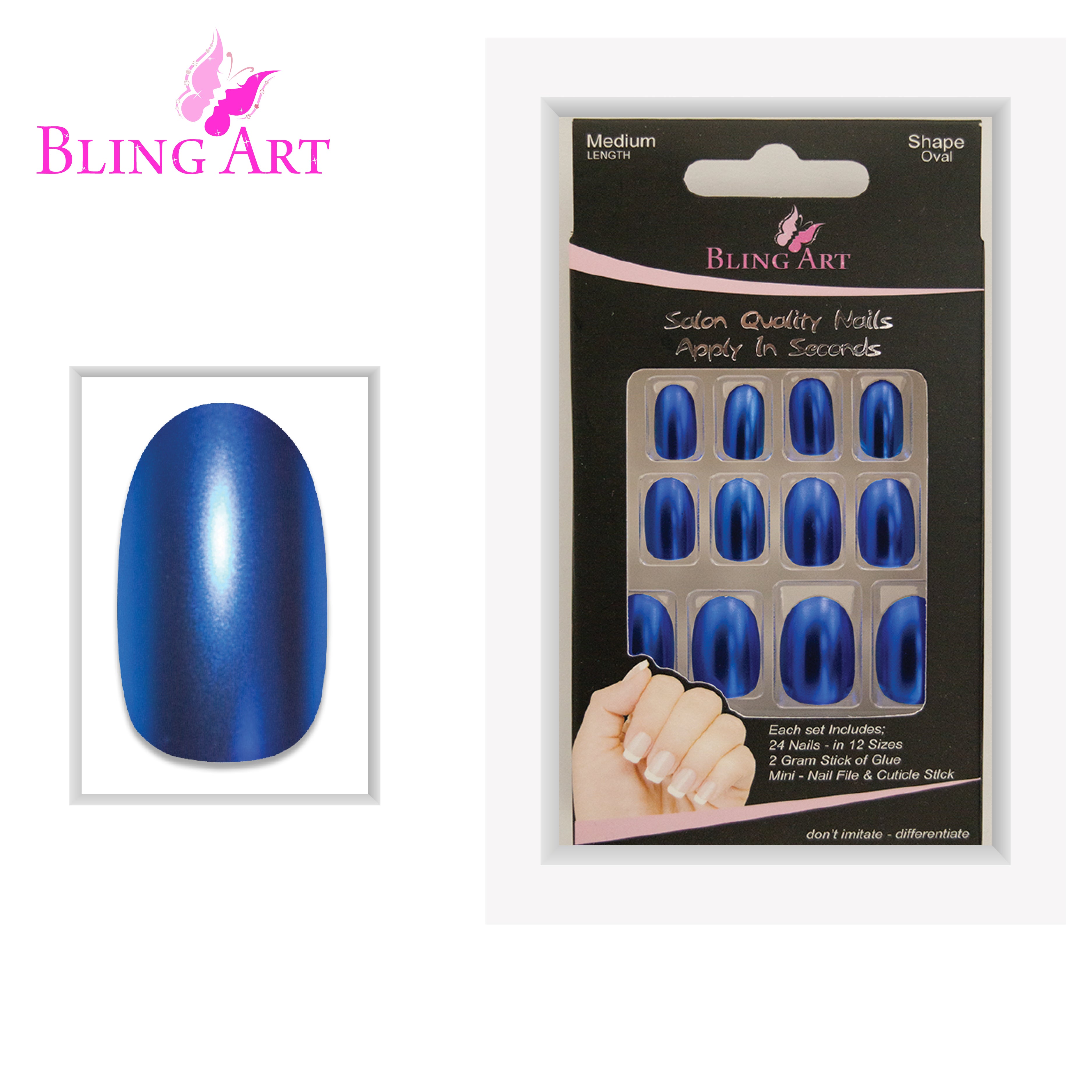 Blue matte metallic oval Bling Art press-on nails — full-hand reveal showing all 24 nails across five fingers for festivals and statement events.