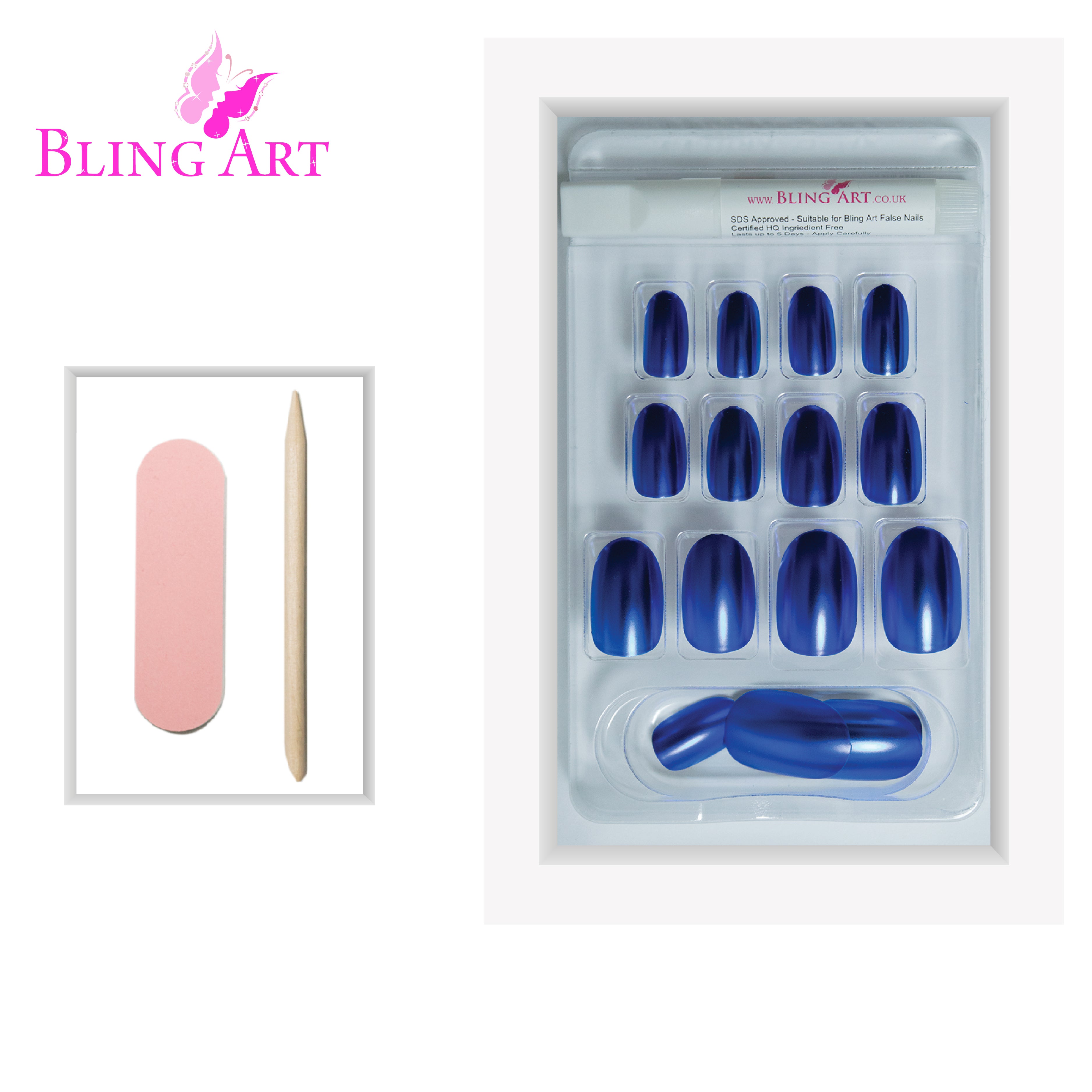 Blue matte metallic oval Bling Art press-on nails — lifestyle context shot showing the bold ocean-blue chrome-matte finish.