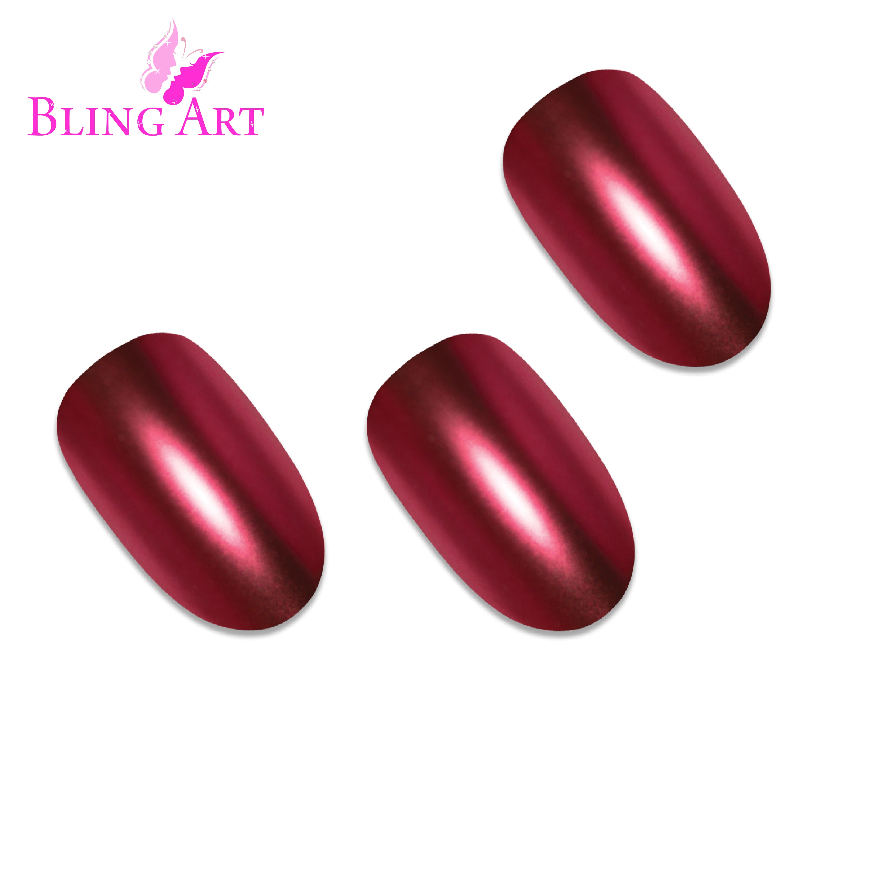 Red matte metallic oval press-on nails by Bling Art — worn-hand close-up showing the crimson chrome with velvet matte texture on medium-length oval tips.