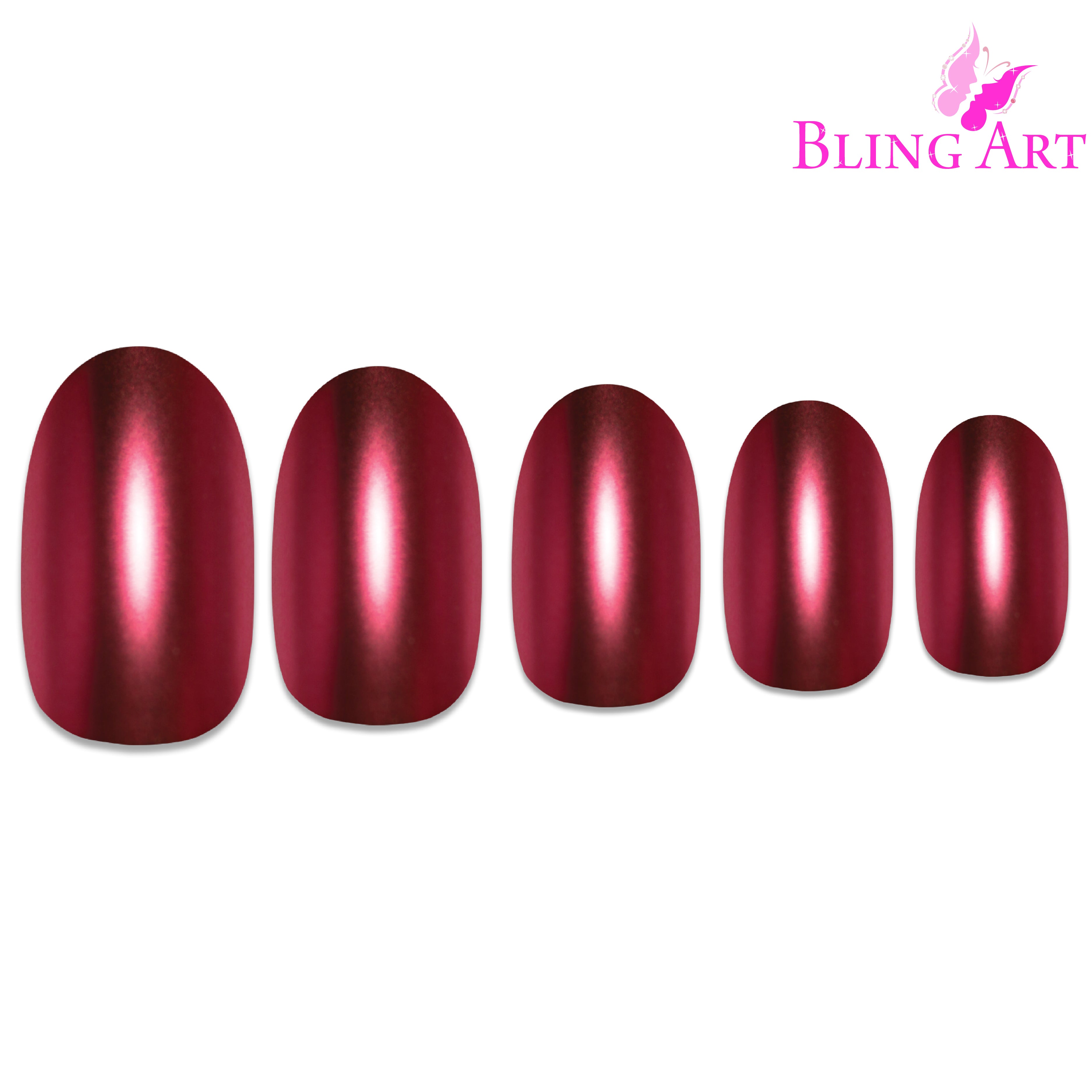 Red matte metallic oval press-on nails by Bling Art — alternative angle revealing the bond line on the oval shape.