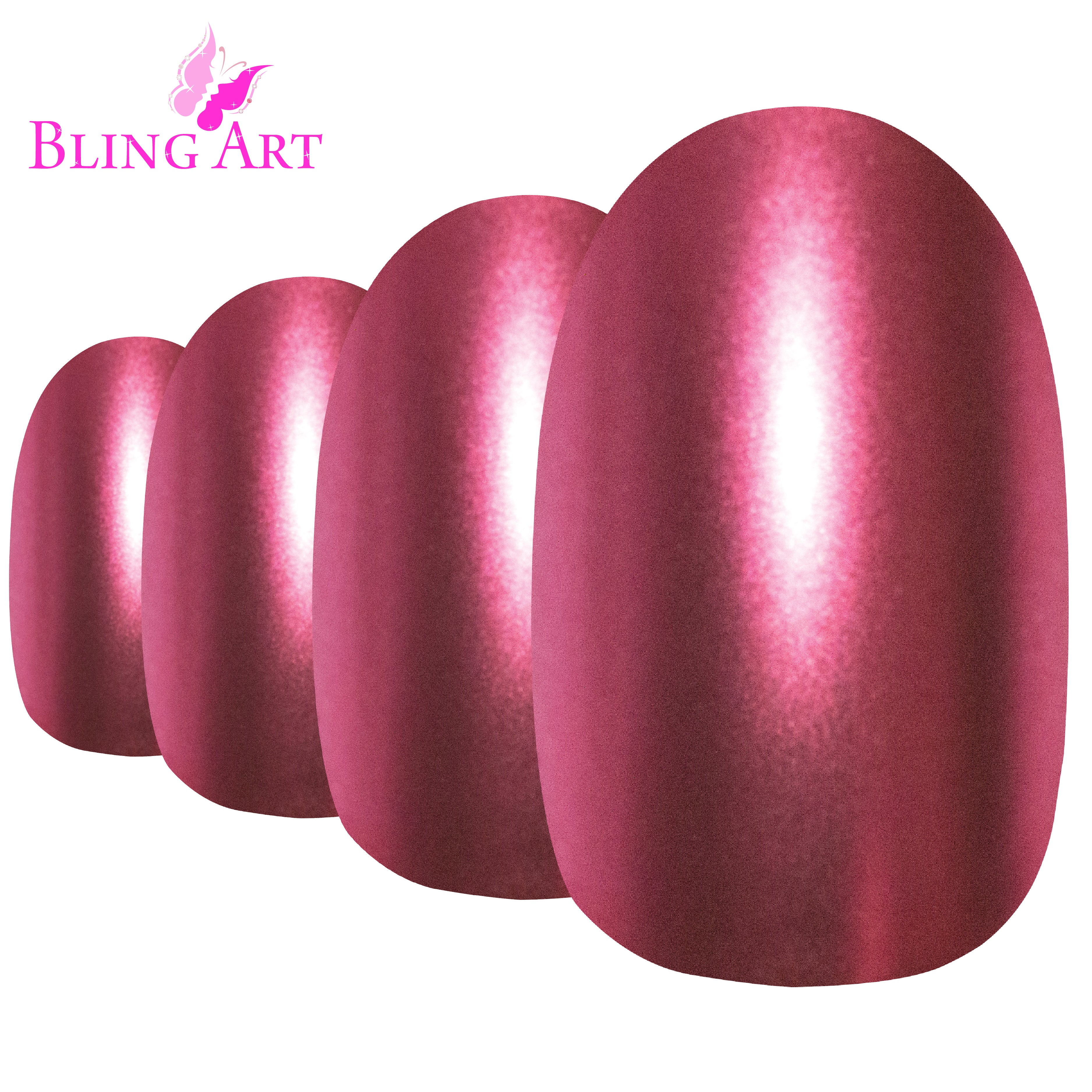 Bling Art Red matte metallic oval press-on nail set packaging — 24 nails, 12 sizes XS-XXL, file and cuticle stick included. Glue not included.