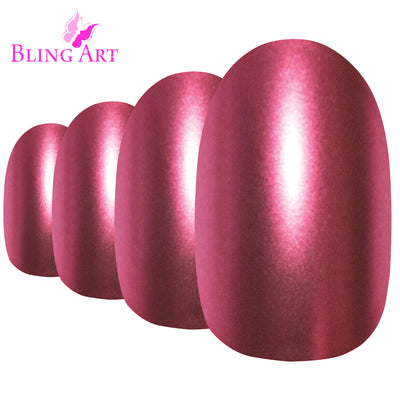 Bold crimson red matte-metallic oval-shaped press-on false nails by Bling Art — statement edge for evening wear and editorial events · chrome-finish metallic with velvet matte texture · medium-length oval tips · 24 nails per set with adhesive · designed in Yorkshire