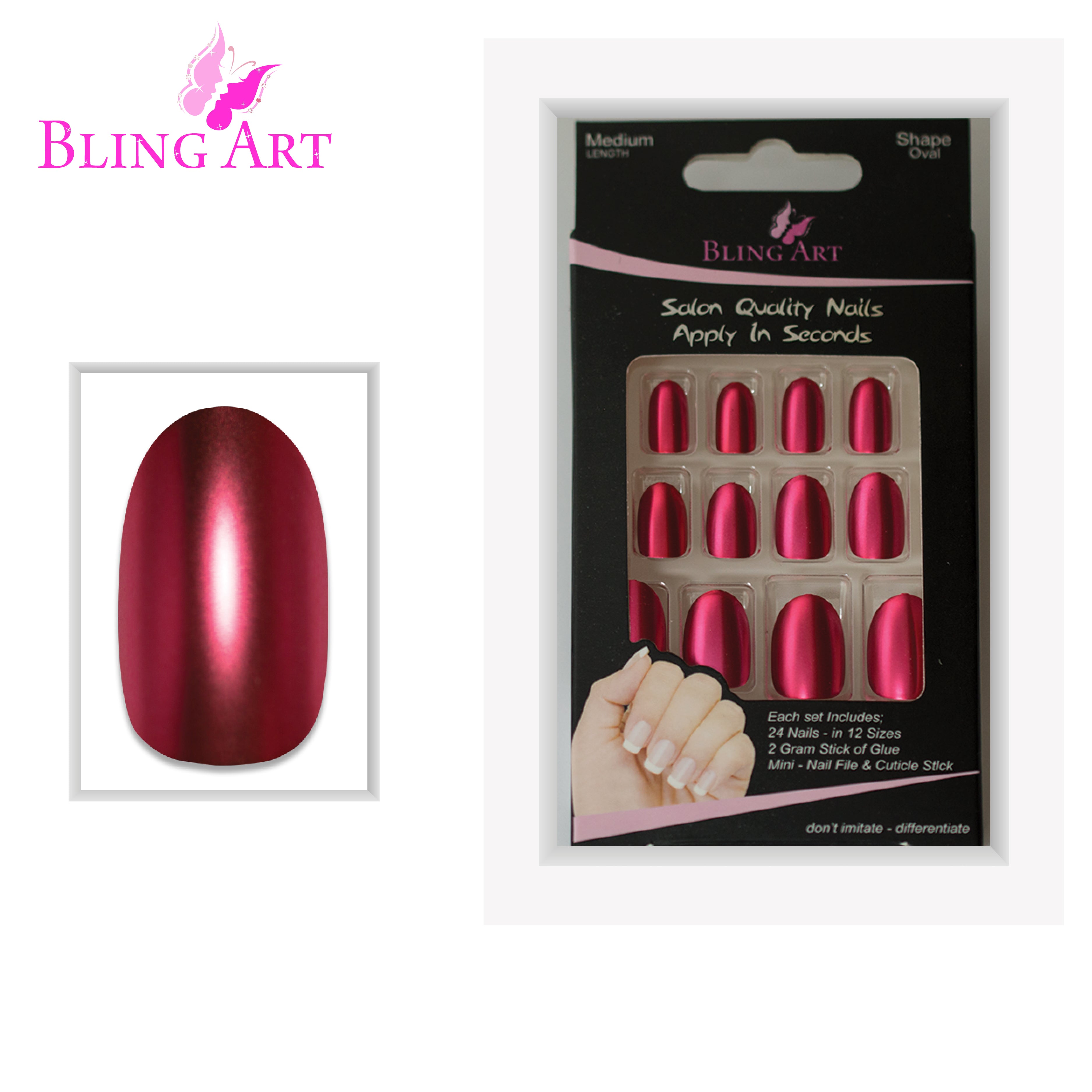 Red matte metallic oval press-on nails by Bling Art — full-hand reveal showing all 24 nails across five fingers for evening and editorial wear.