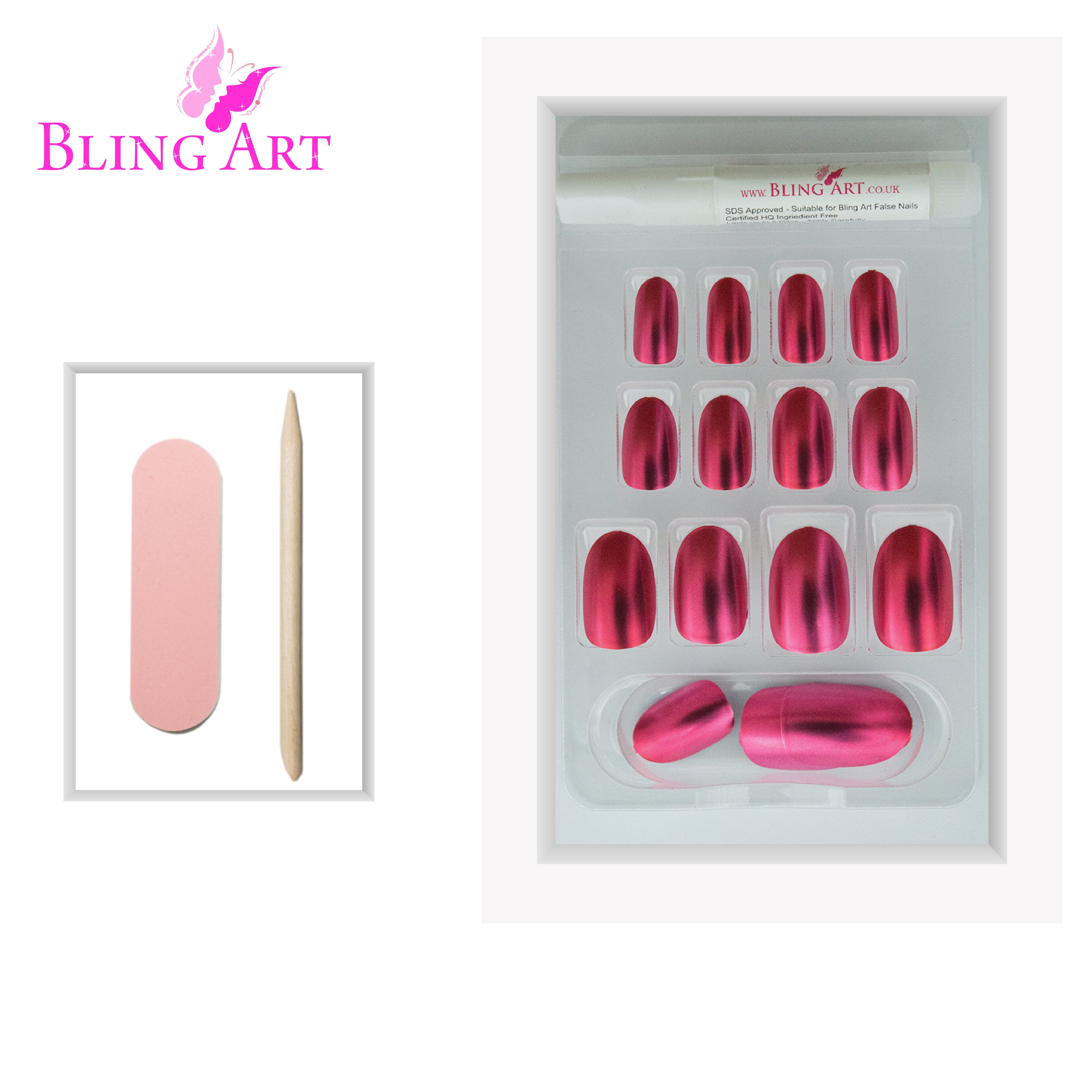 Red matte metallic oval press-on nails by Bling Art — lifestyle context shot showing the crimson chrome matte finish.