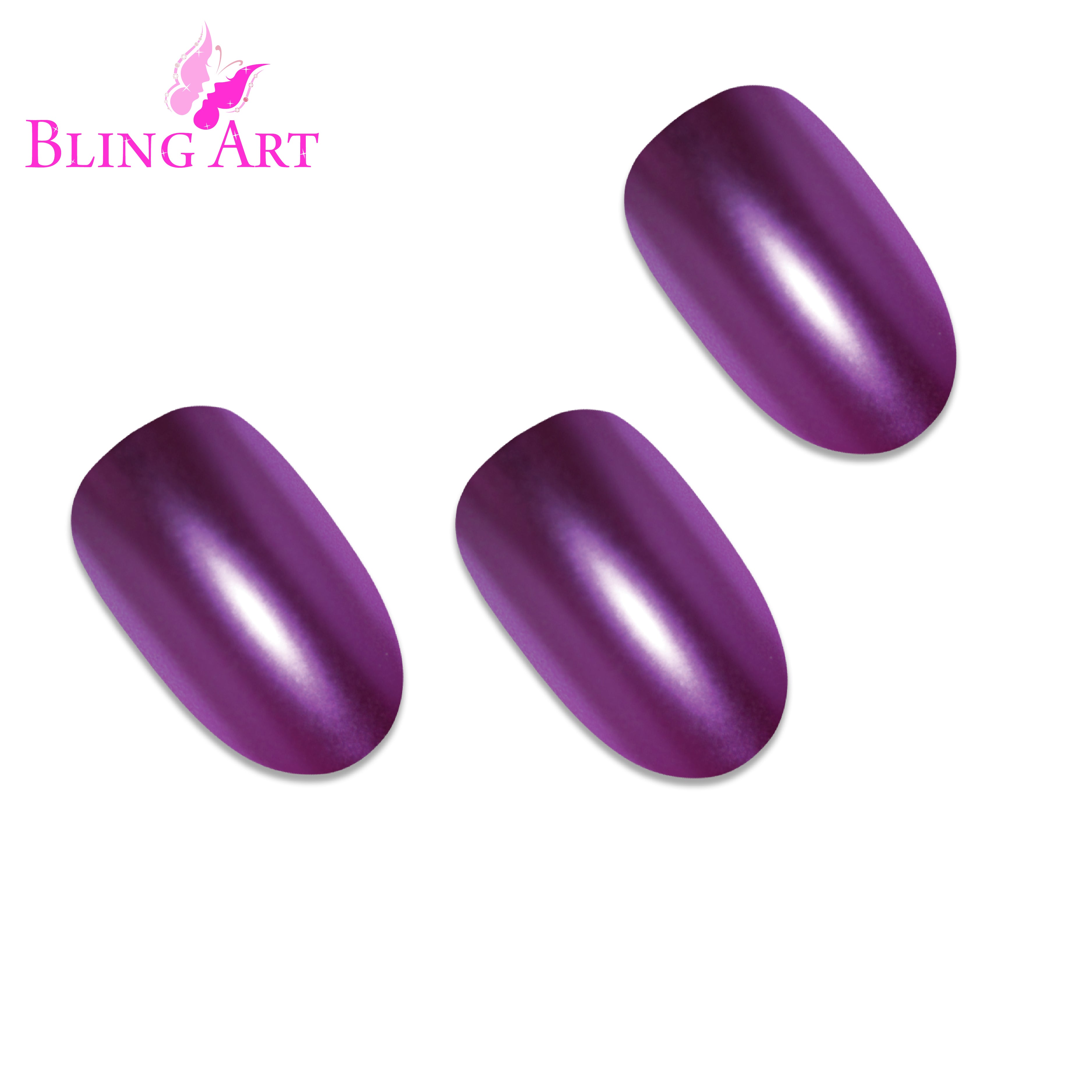 Purple matte metallic oval Bling Art press-on nails — worn-hand close-up showing aubergine chrome with velvet matte texture on oval tips.