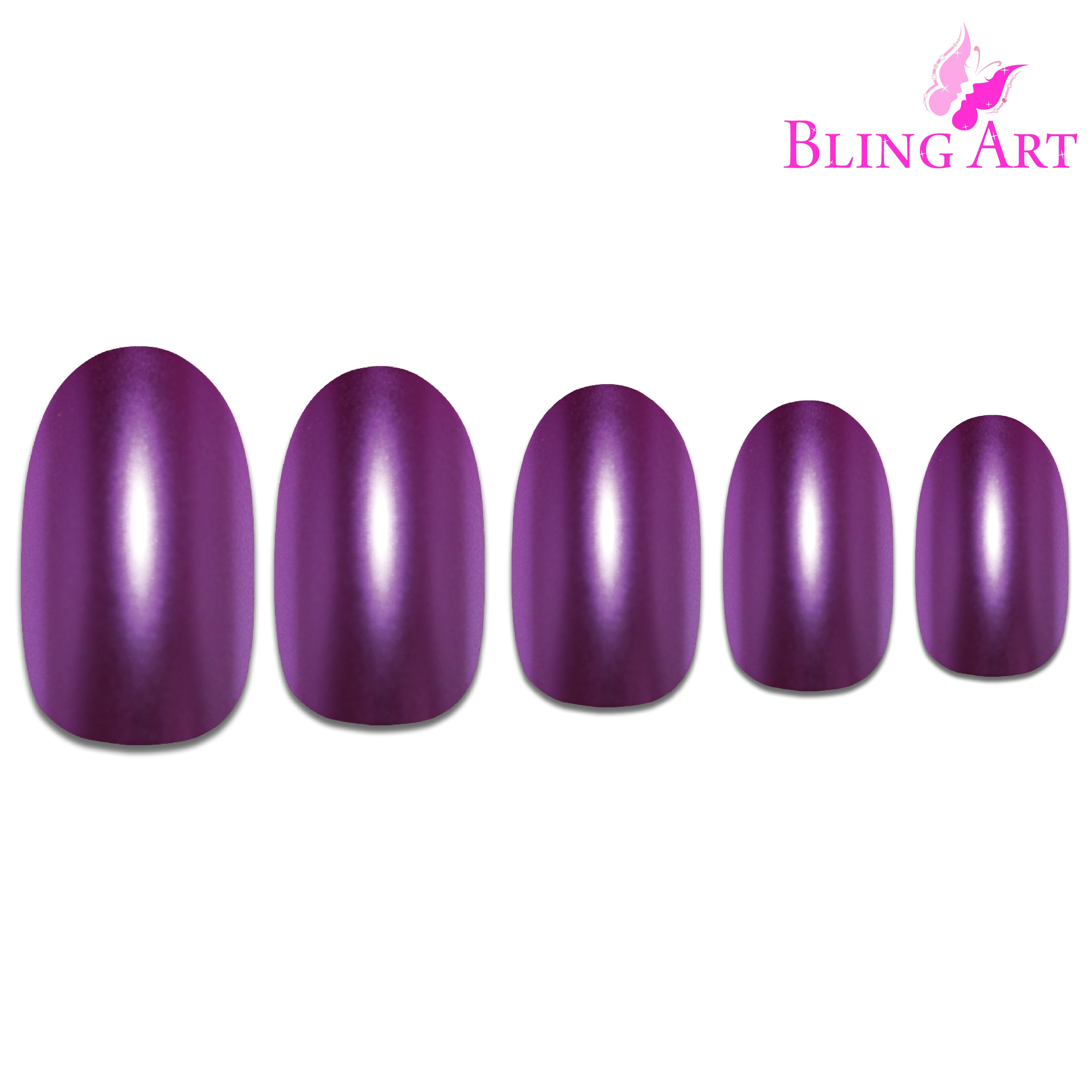 Purple matte metallic oval Bling Art press-on nails — alternative angle revealing the bond line on the oval shape.