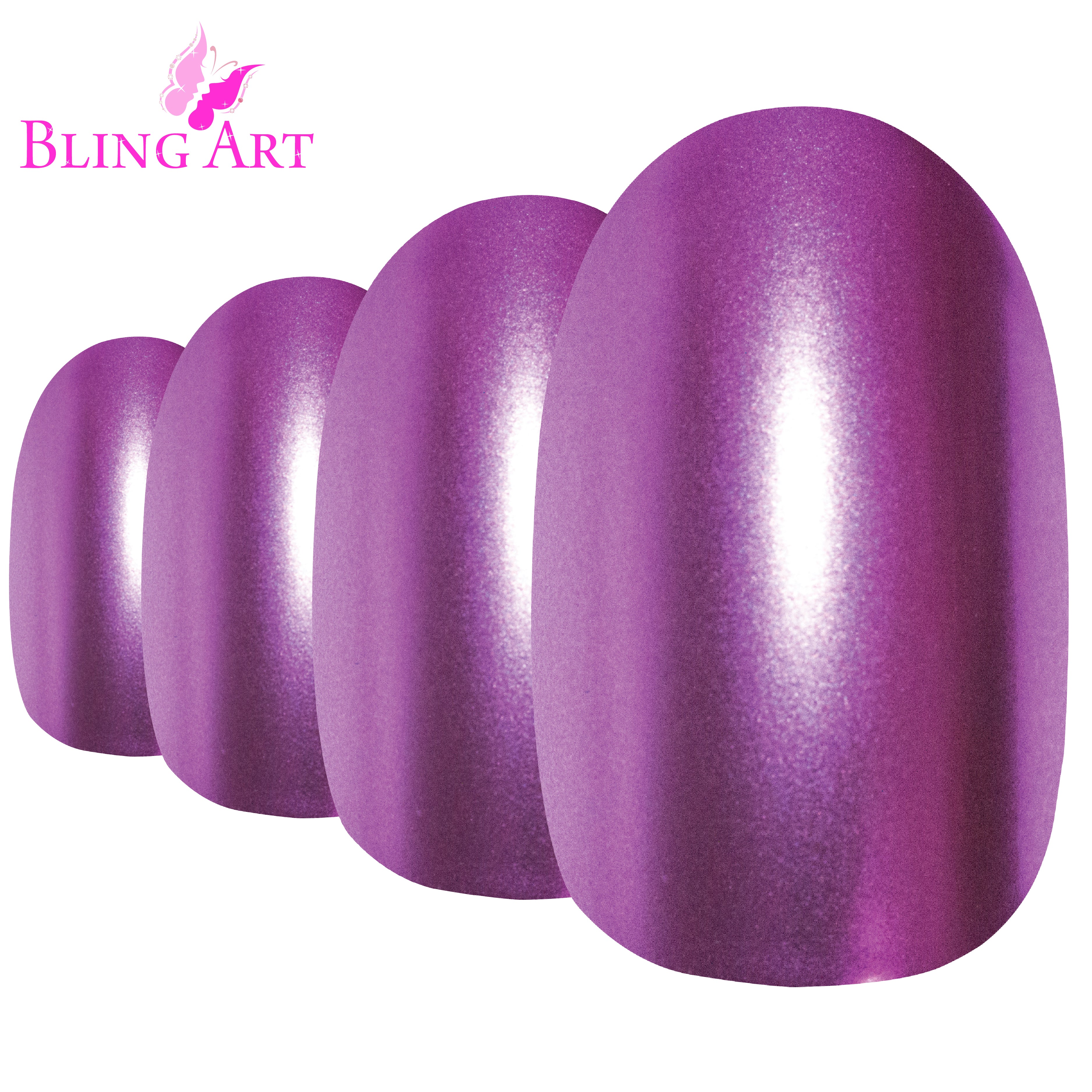 Bling Art Purple matte metallic oval press-on nail set packaging — 24 nails, 12 sizes XS-XXL, file and cuticle stick included. Glue not included.