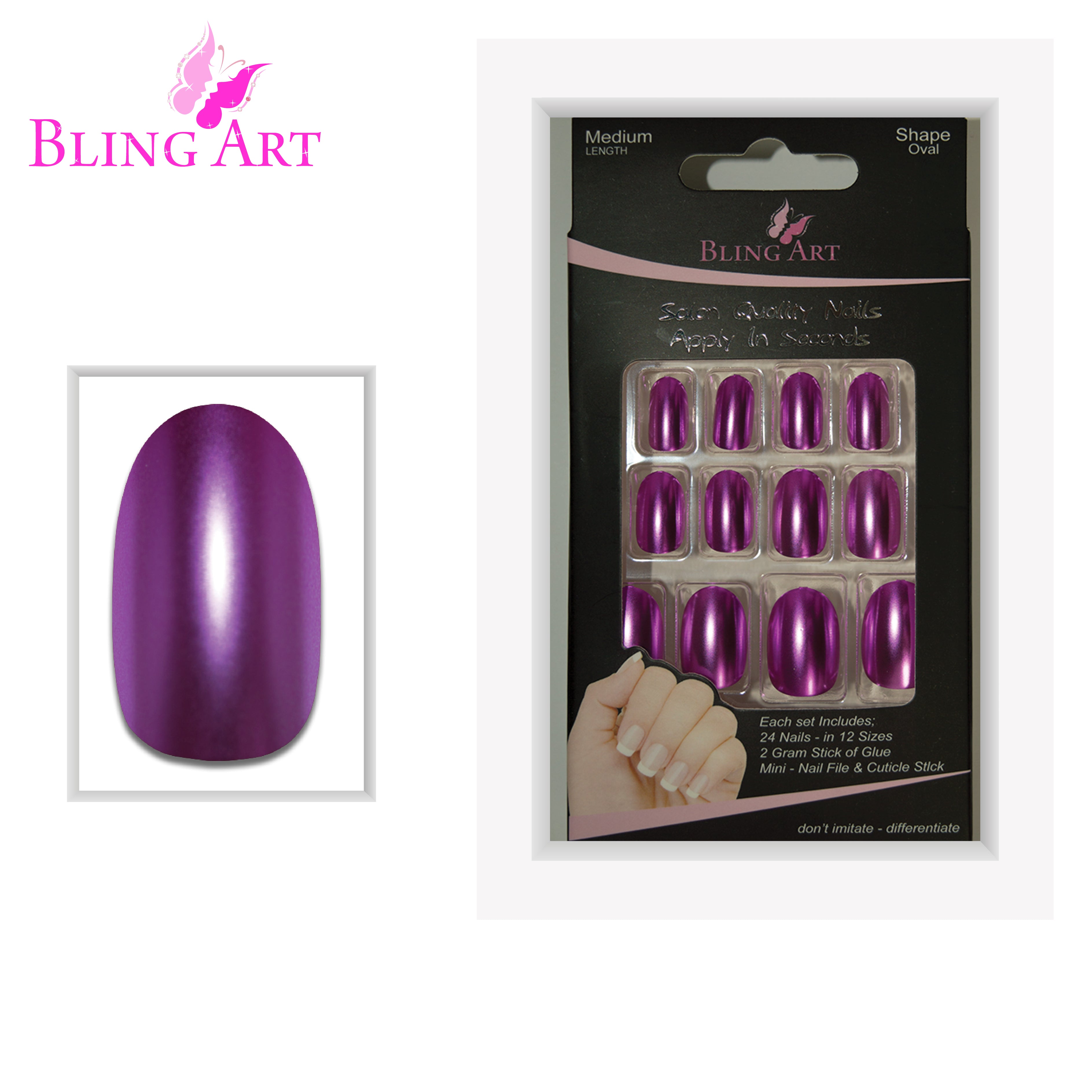 Purple matte metallic oval Bling Art press-on nails — full-hand reveal showing all 24 nails across five fingers for evening wear and special occasions.