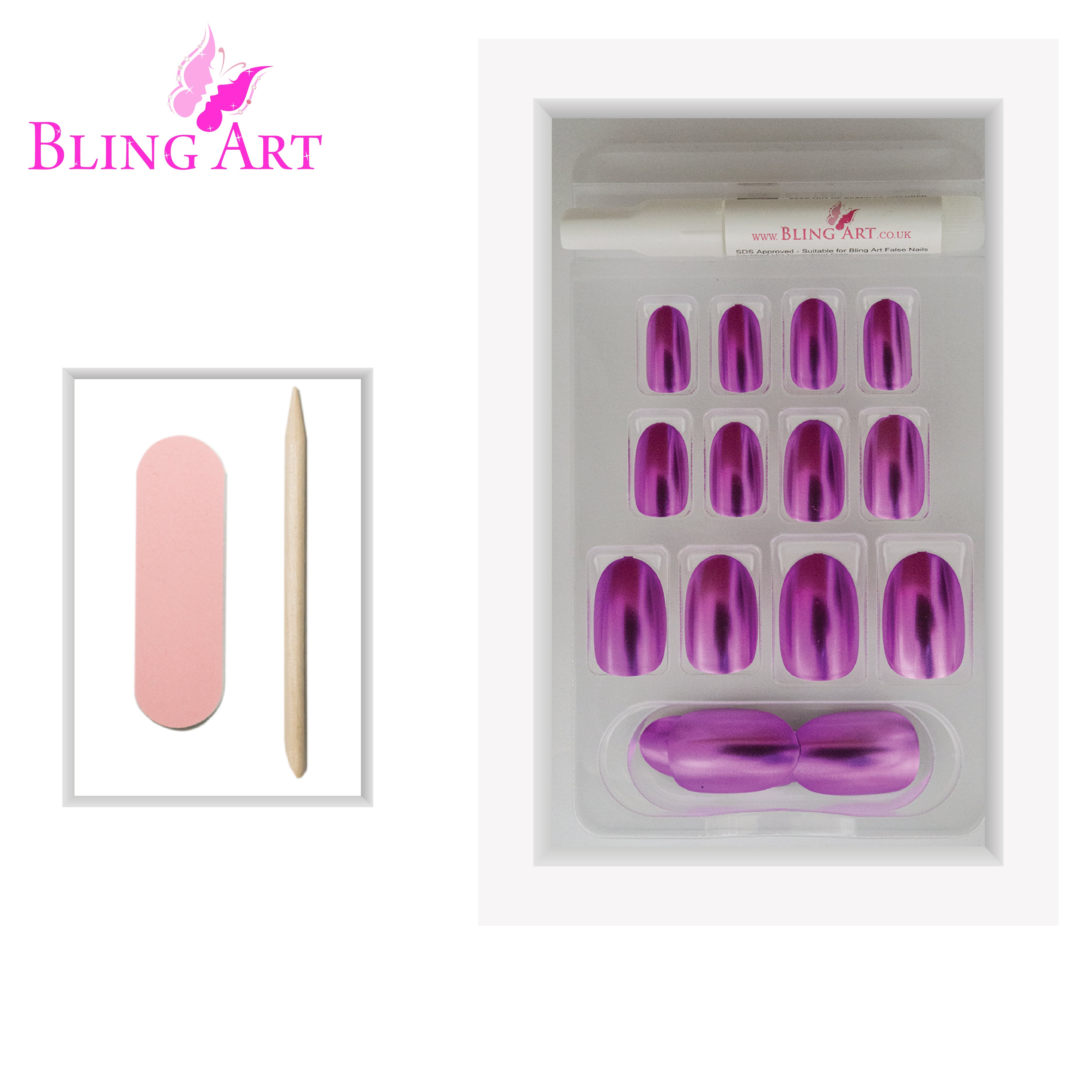 Purple matte metallic oval Bling Art press-on nails — lifestyle context shot showing the jewel-tone aubergine chrome-matte finish.