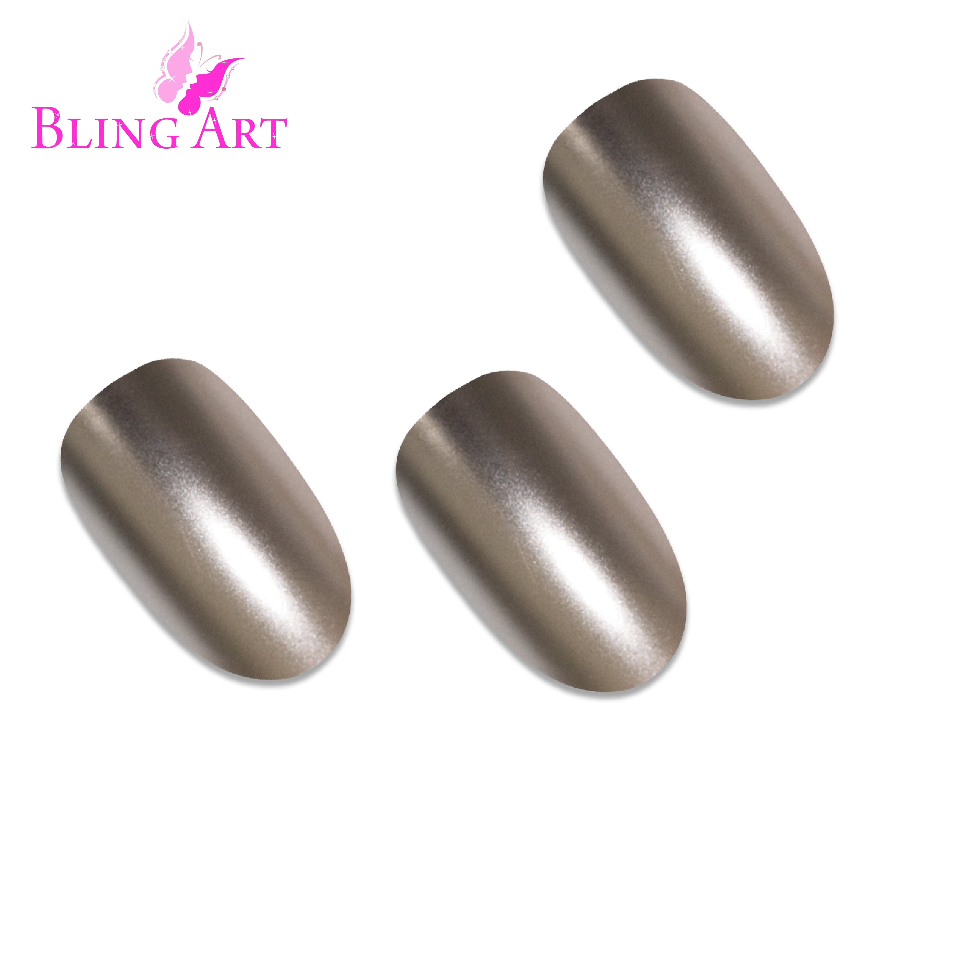 Beige matte metallic oval Bling Art press-on nails — full-hand reveal showing all 24 nails across five fingers for office and elegant casual wear.