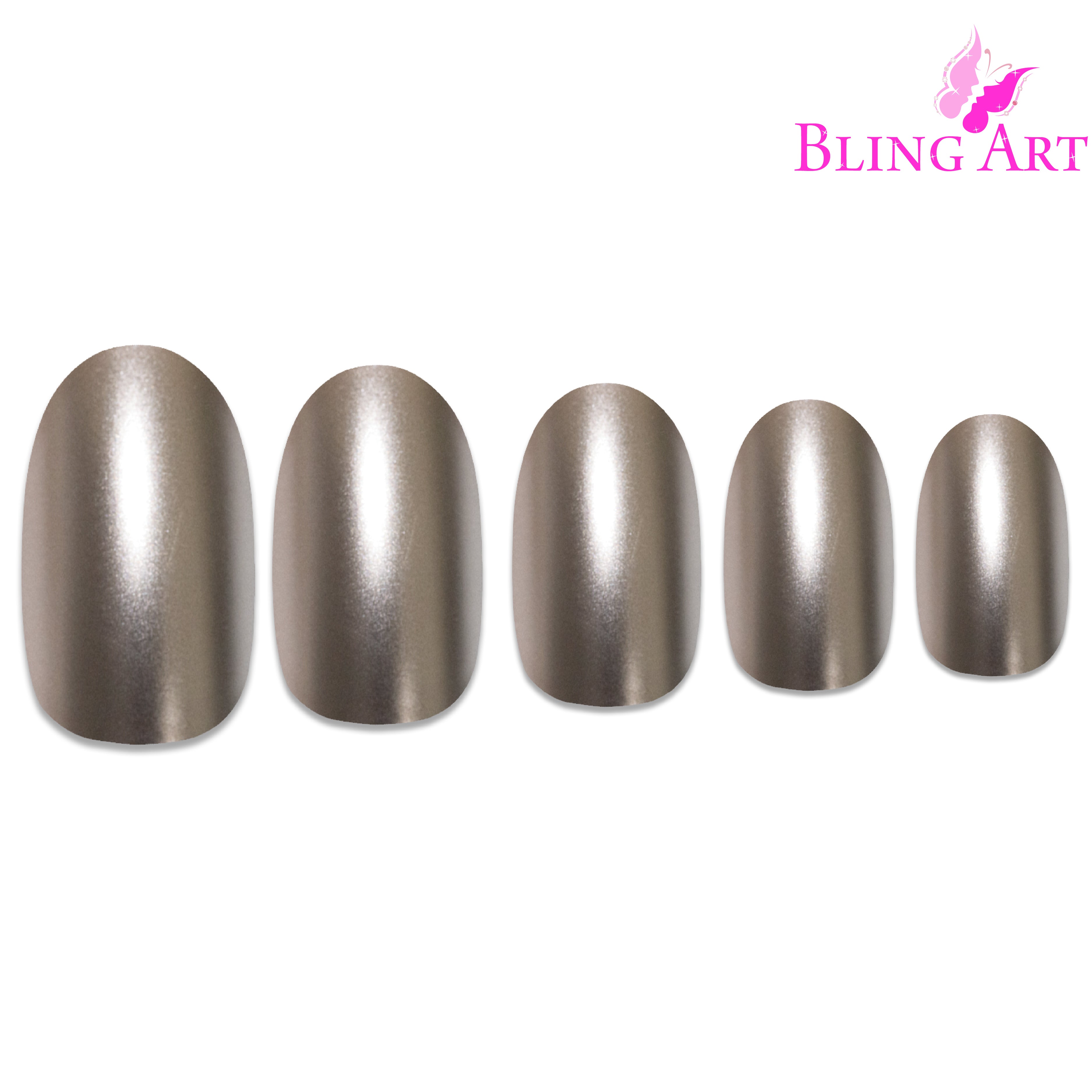 Beige matte metallic oval Bling Art press-on nails — alternative angle revealing the bond line on the oval shape.