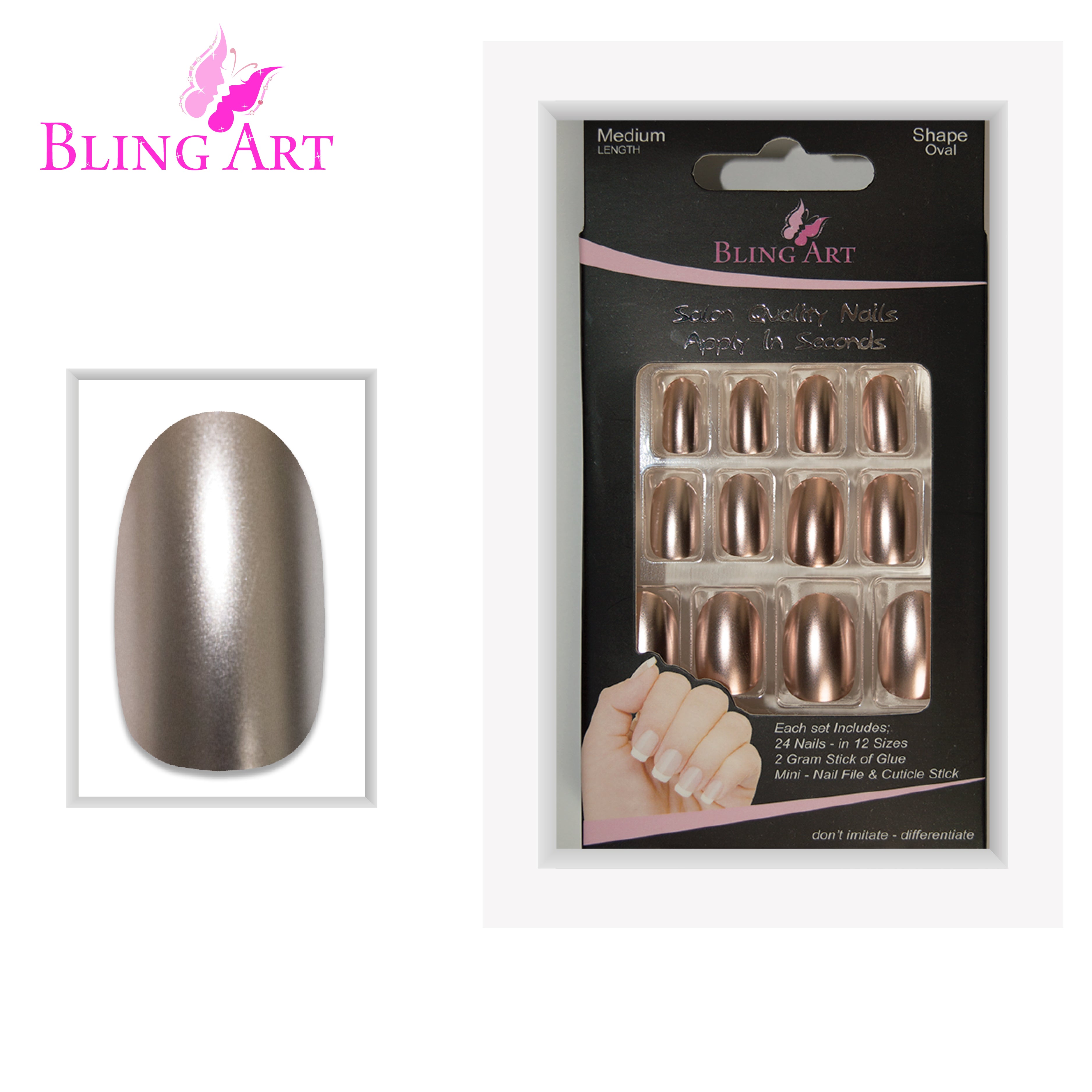 Beige matte metallic oval Bling Art press-on nails — lifestyle context shot showing the understated warm-beige chrome-matte finish.