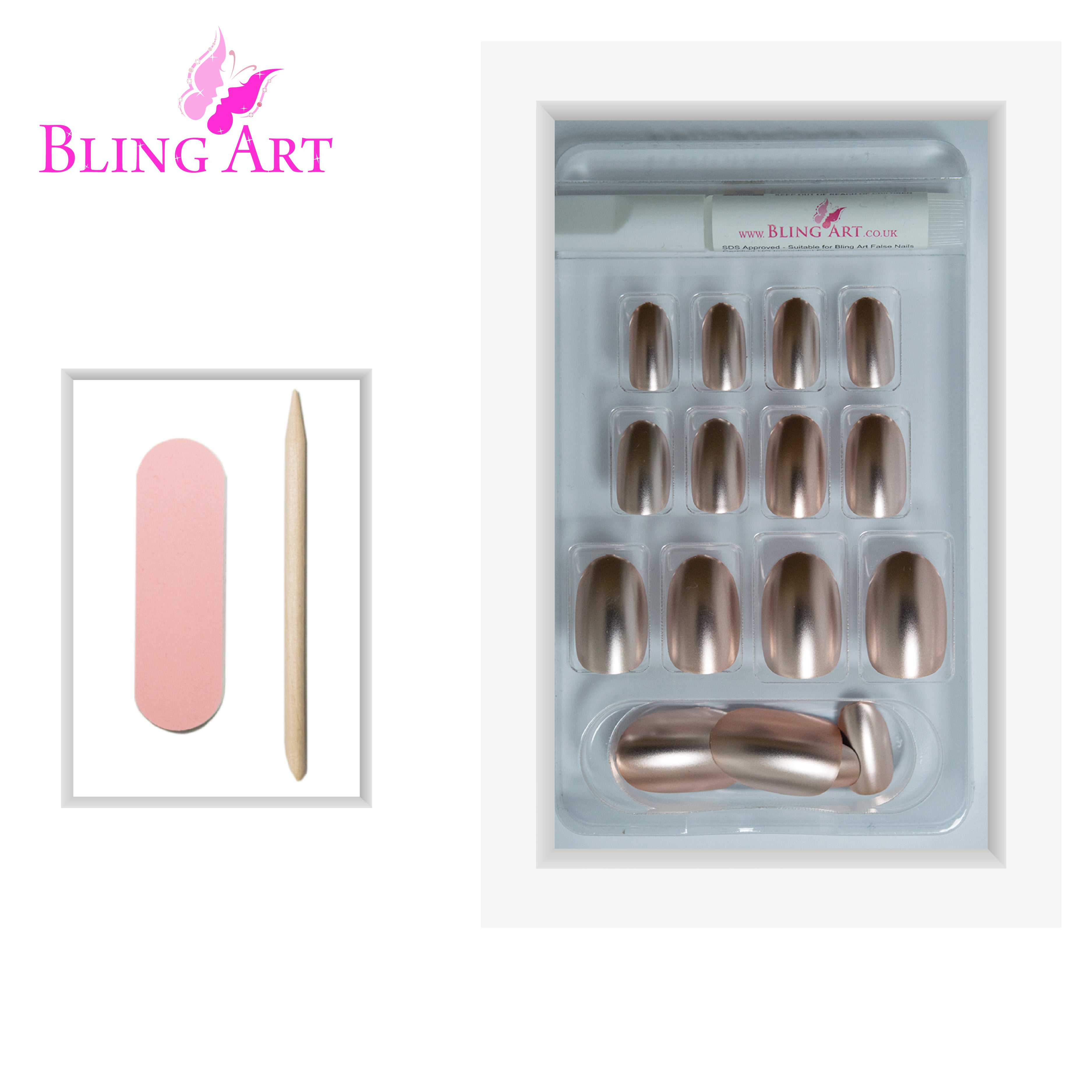 Bling Art Beige matte metallic oval press-on nail set packaging — 24 nails, 12 sizes XS-XXL, file and cuticle stick included. Glue not included.