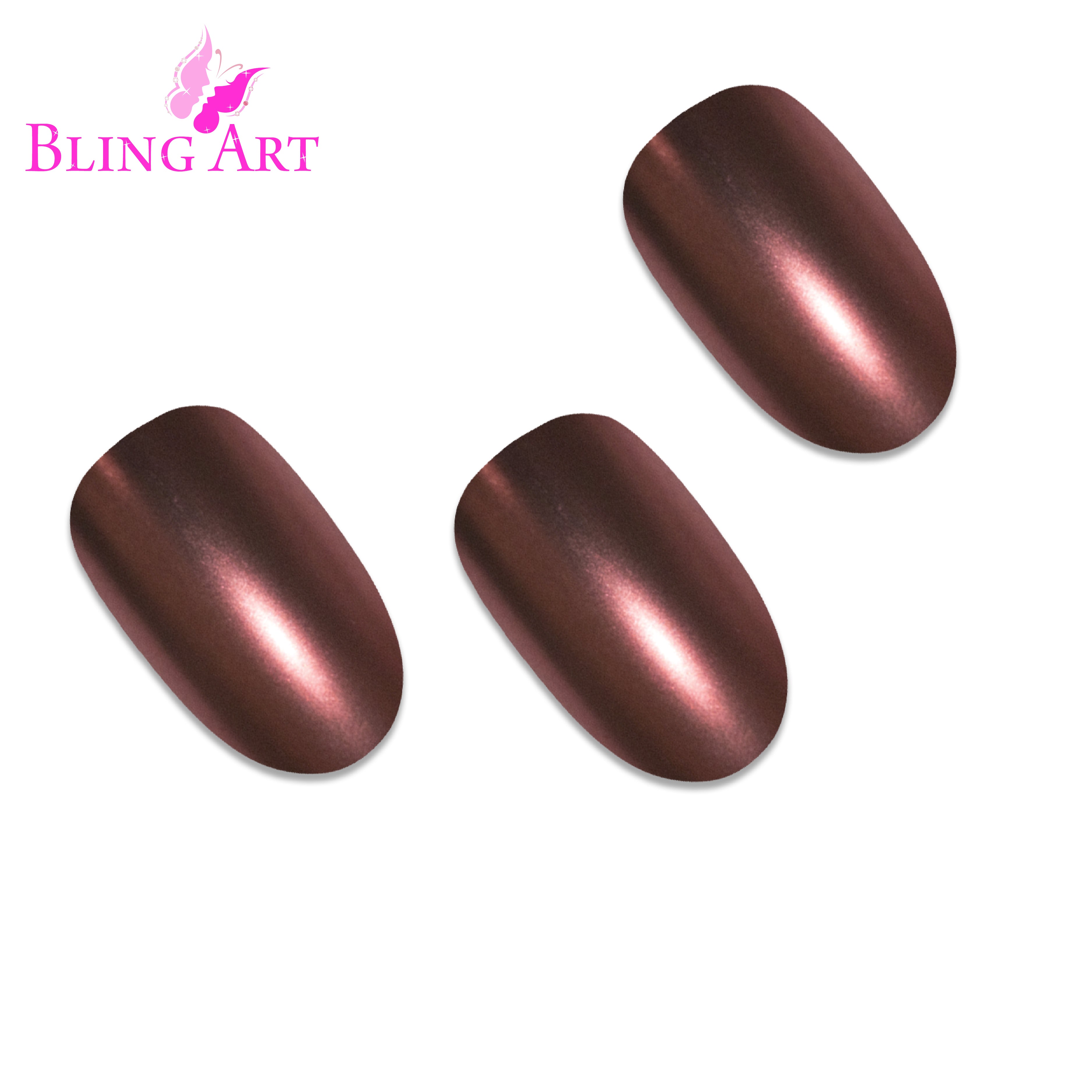 Brown matte metallic oval Bling Art press-on nails — worn-hand close-up showing chocolate-brown chrome with velvet matte texture on oval tips.