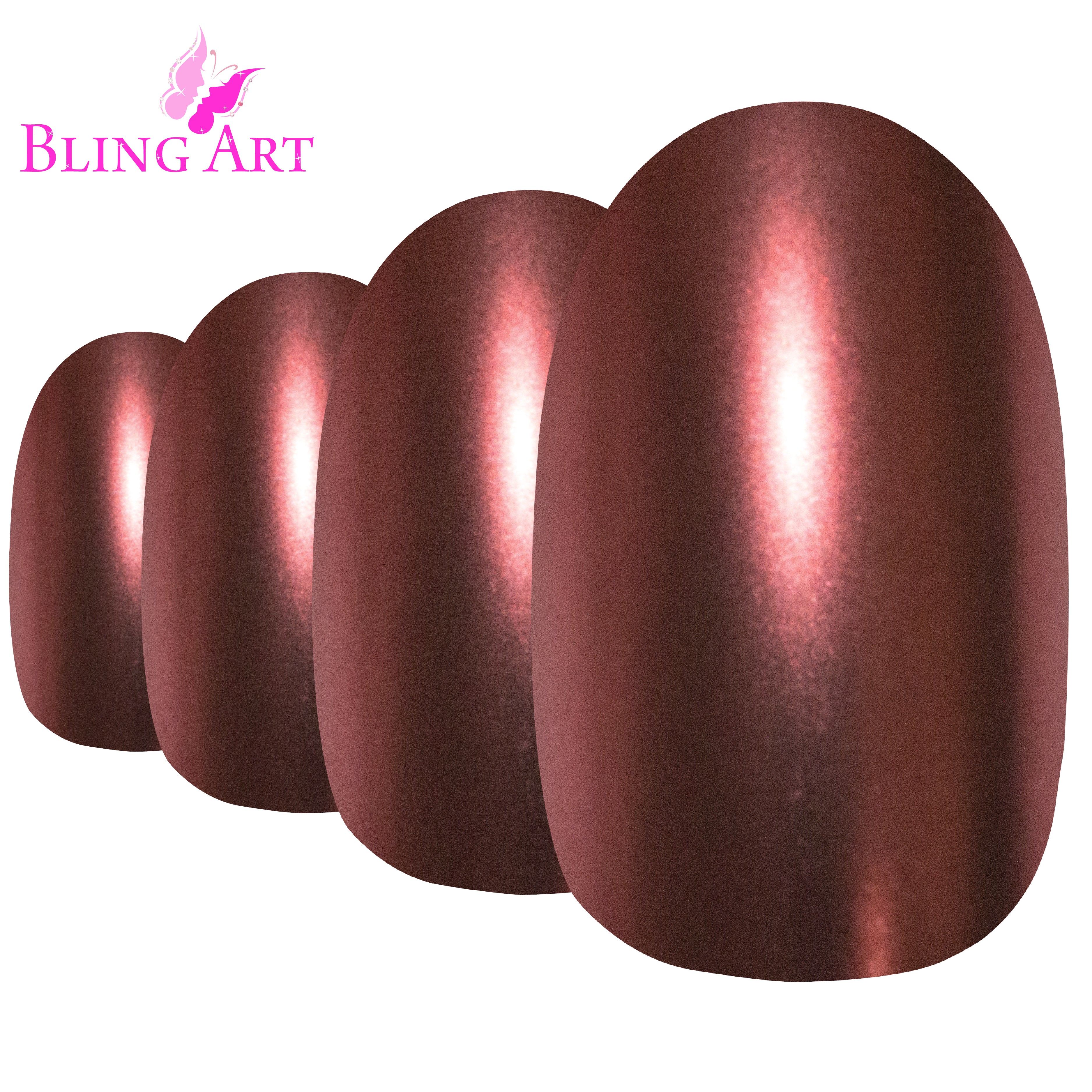 Bling Art Brown matte metallic oval press-on nail set packaging — 24 nails, 12 sizes XS-XXL, file and cuticle stick included. Glue not included.