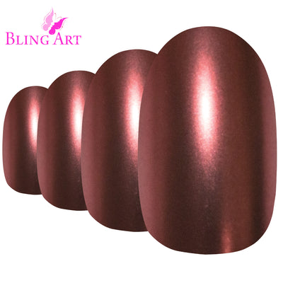 Rich chocolate brown matte-metallic oval-shaped press-on false nails by Bling Art — earthy autumnal elegance for everyday and seasonal wear · chrome-finish metallic with velvet matte texture · medium-length oval tips · 24 nails per set with adhesive · designed in Yorkshire
