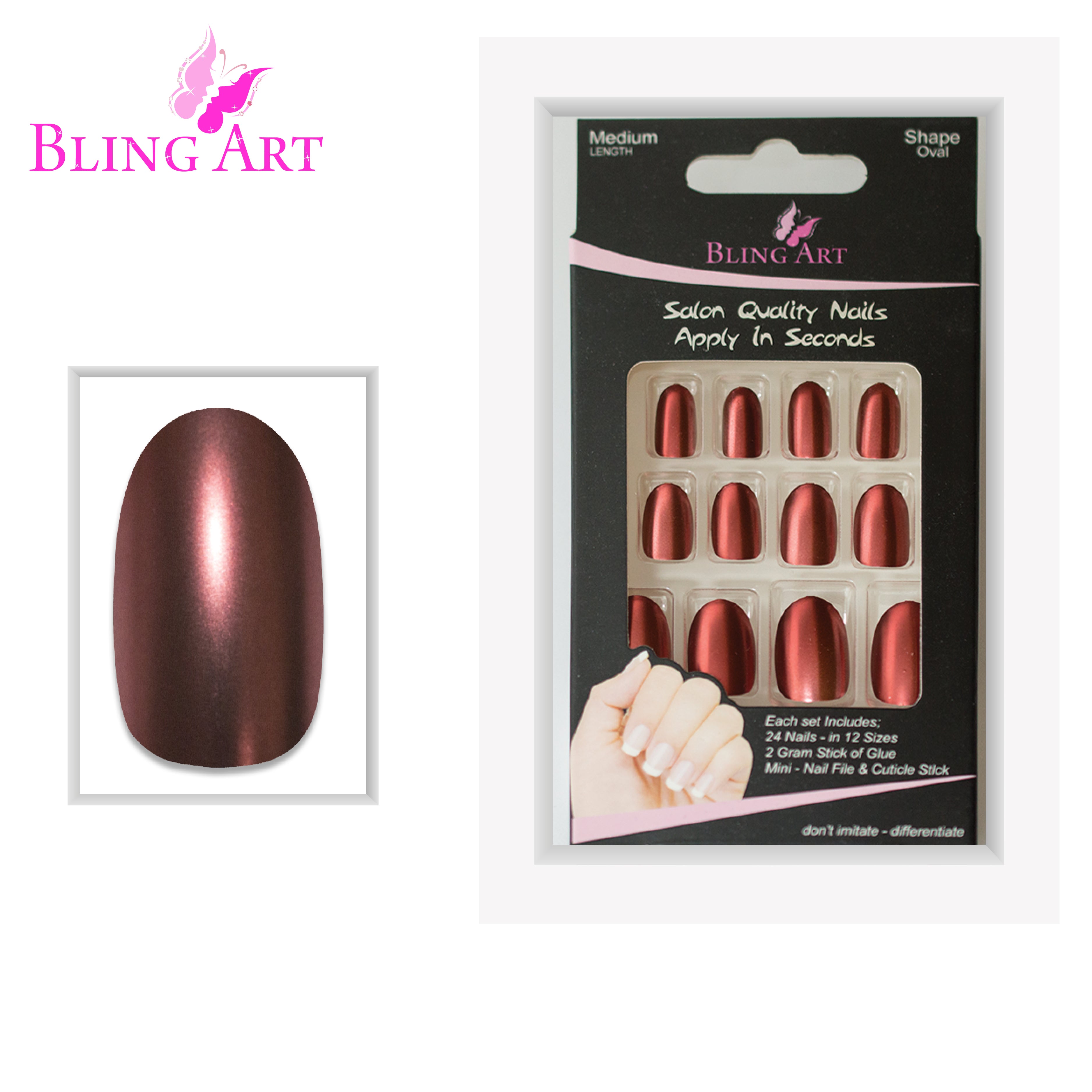Brown matte metallic oval Bling Art press-on nails — alternative angle revealing the bond line on the oval shape.