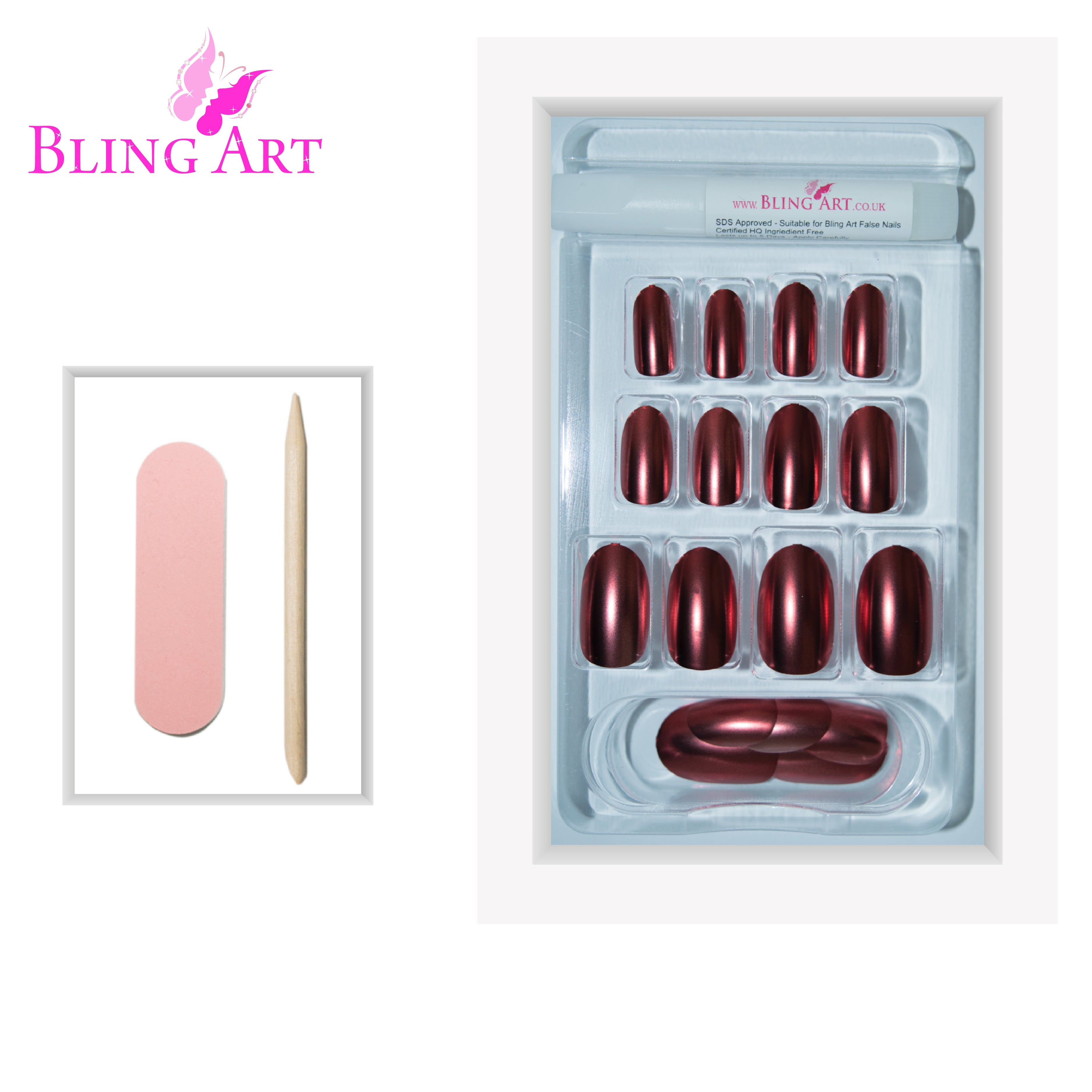 Brown matte metallic oval Bling Art press-on nails — full-hand reveal showing all 24 nails across five fingers for autumnal and seasonal wear.
