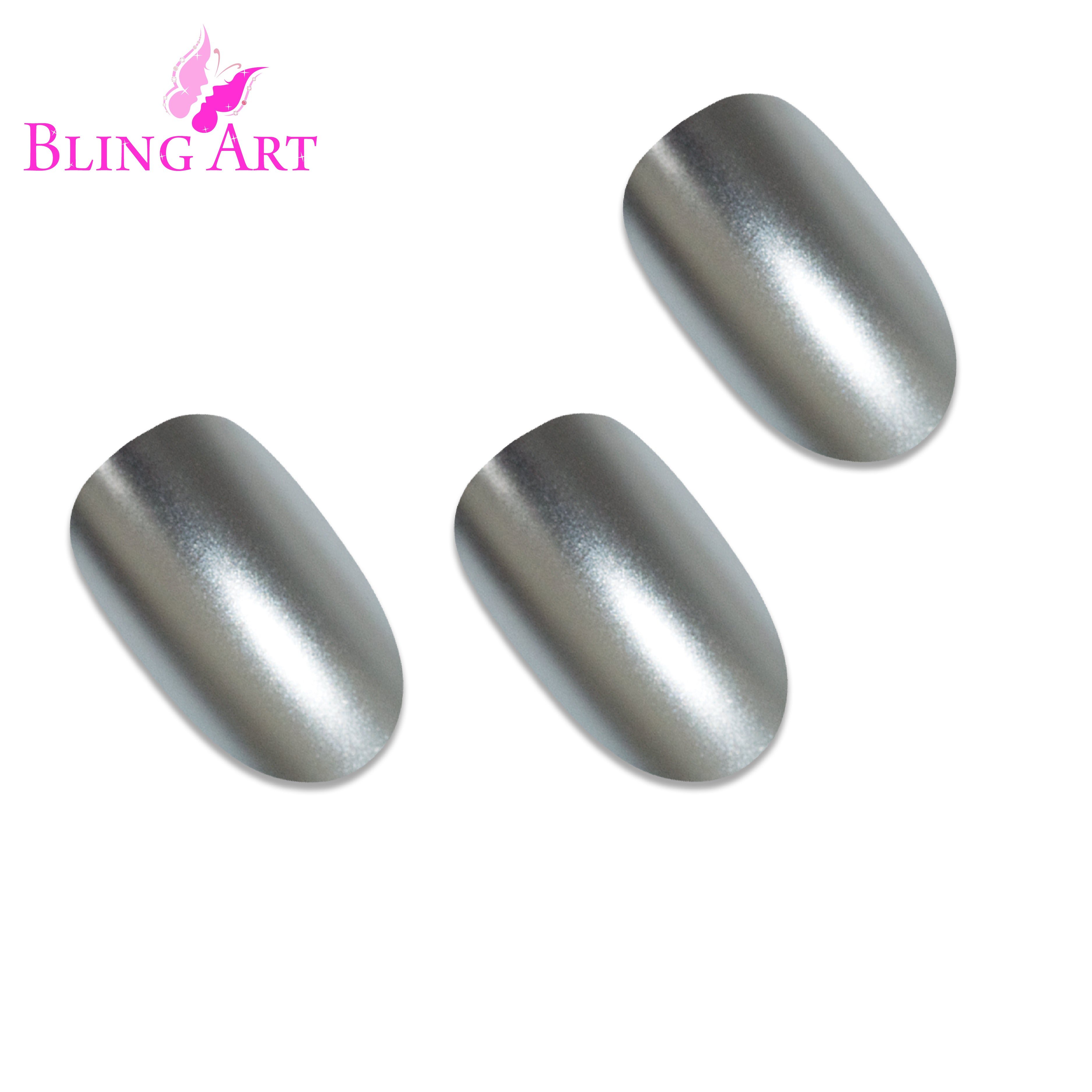 Silver matte metallic oval Bling Art press-on nails — worn-hand close-up showing chrome silver with velvet matte texture on oval tips.