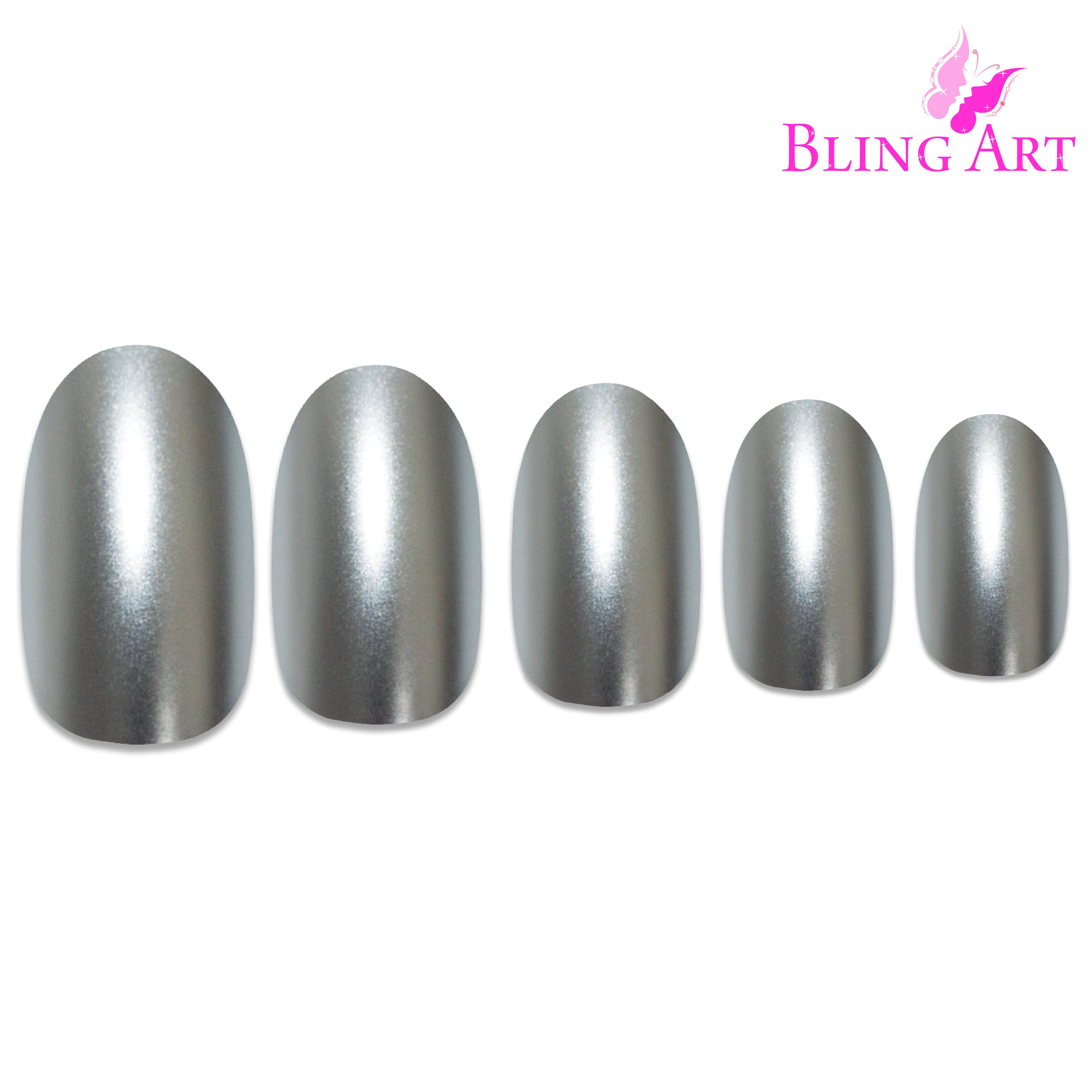 Silver matte metallic oval Bling Art press-on nails — alternative angle revealing the bond line on the oval shape.