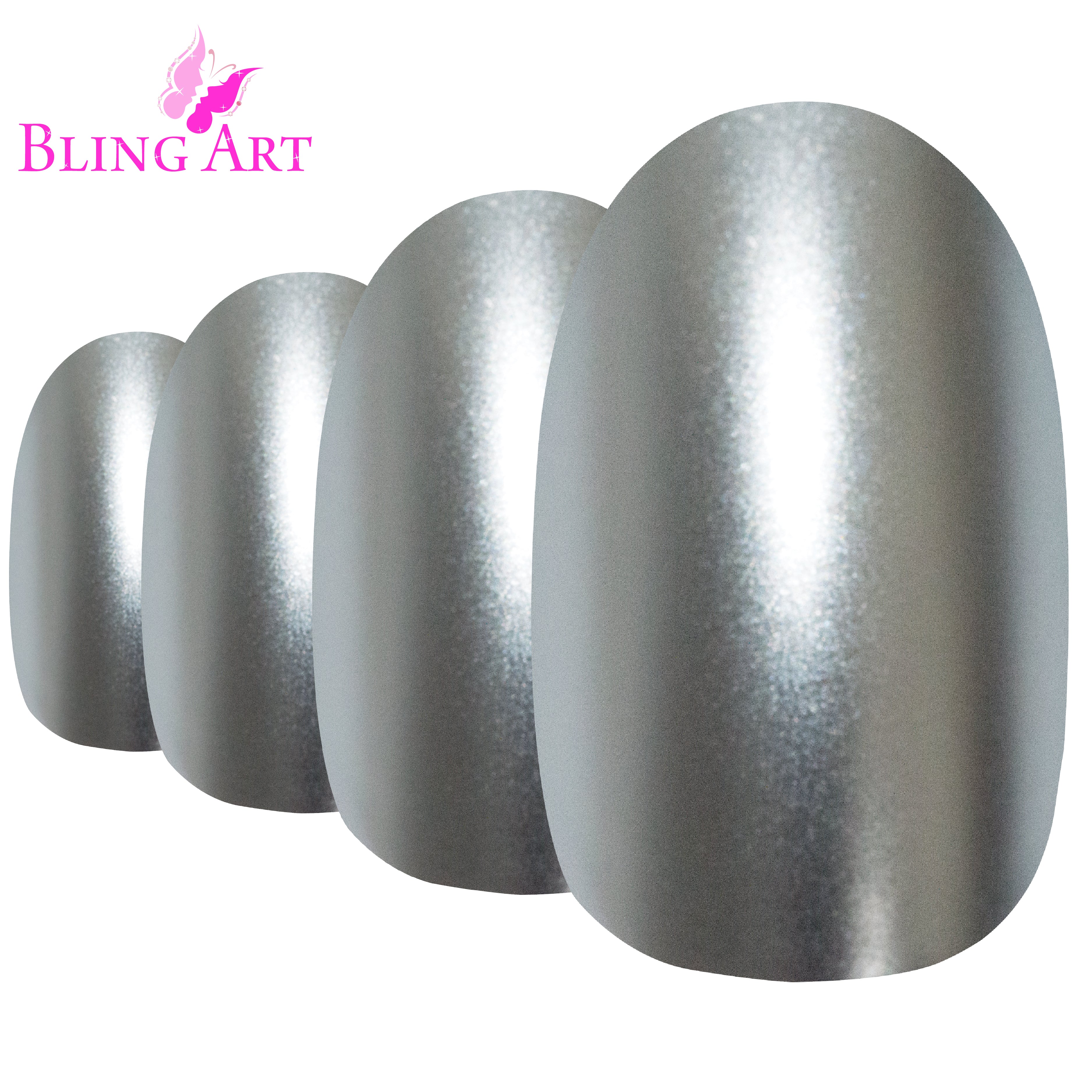 Bling Art Silver matte metallic oval press-on nail set packaging — 24 nails, 12 sizes XS-XXL, file and cuticle stick included. Glue not included.