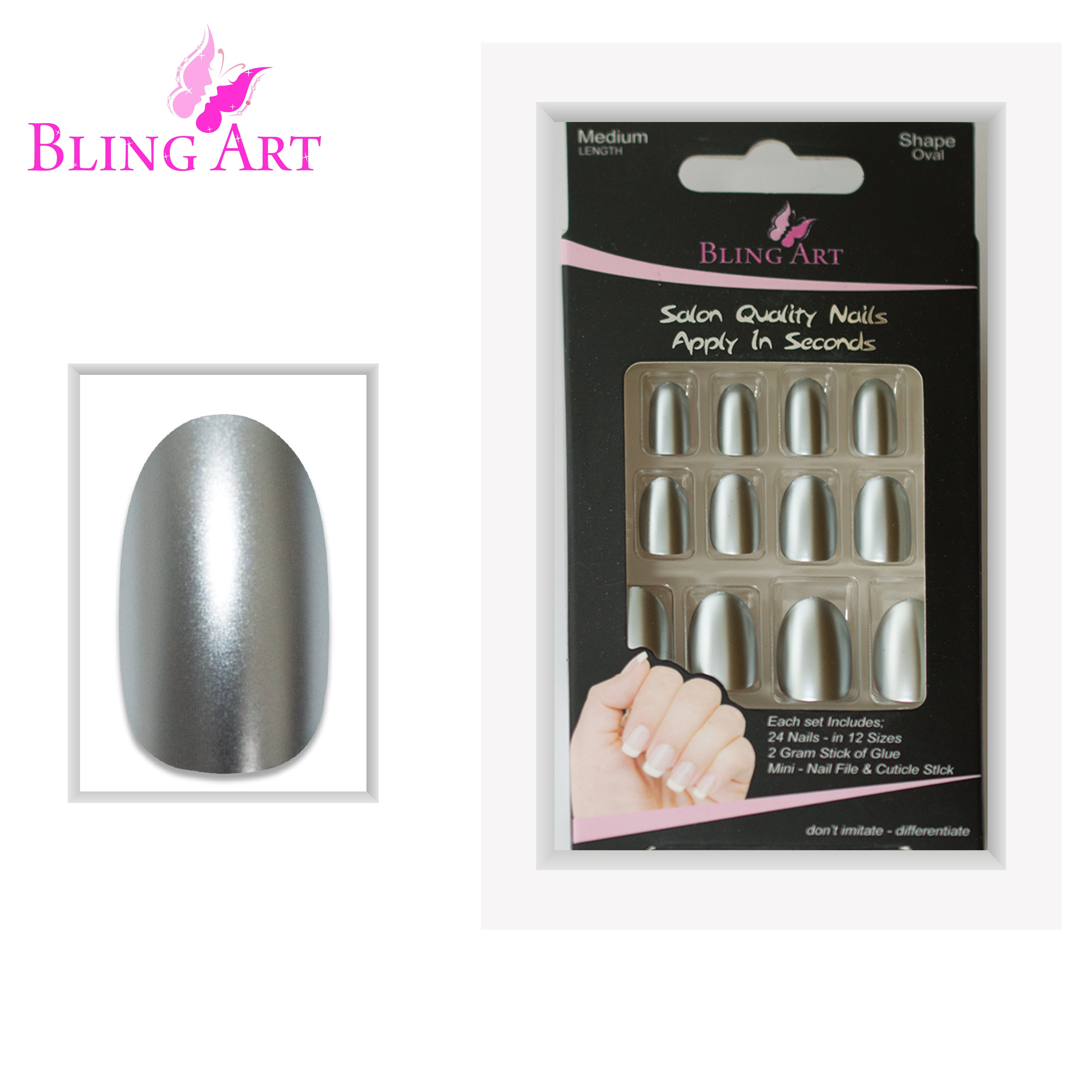 Silver matte metallic oval Bling Art press-on nails — full-hand reveal showing all 24 nails across five fingers for parties and Christmas.