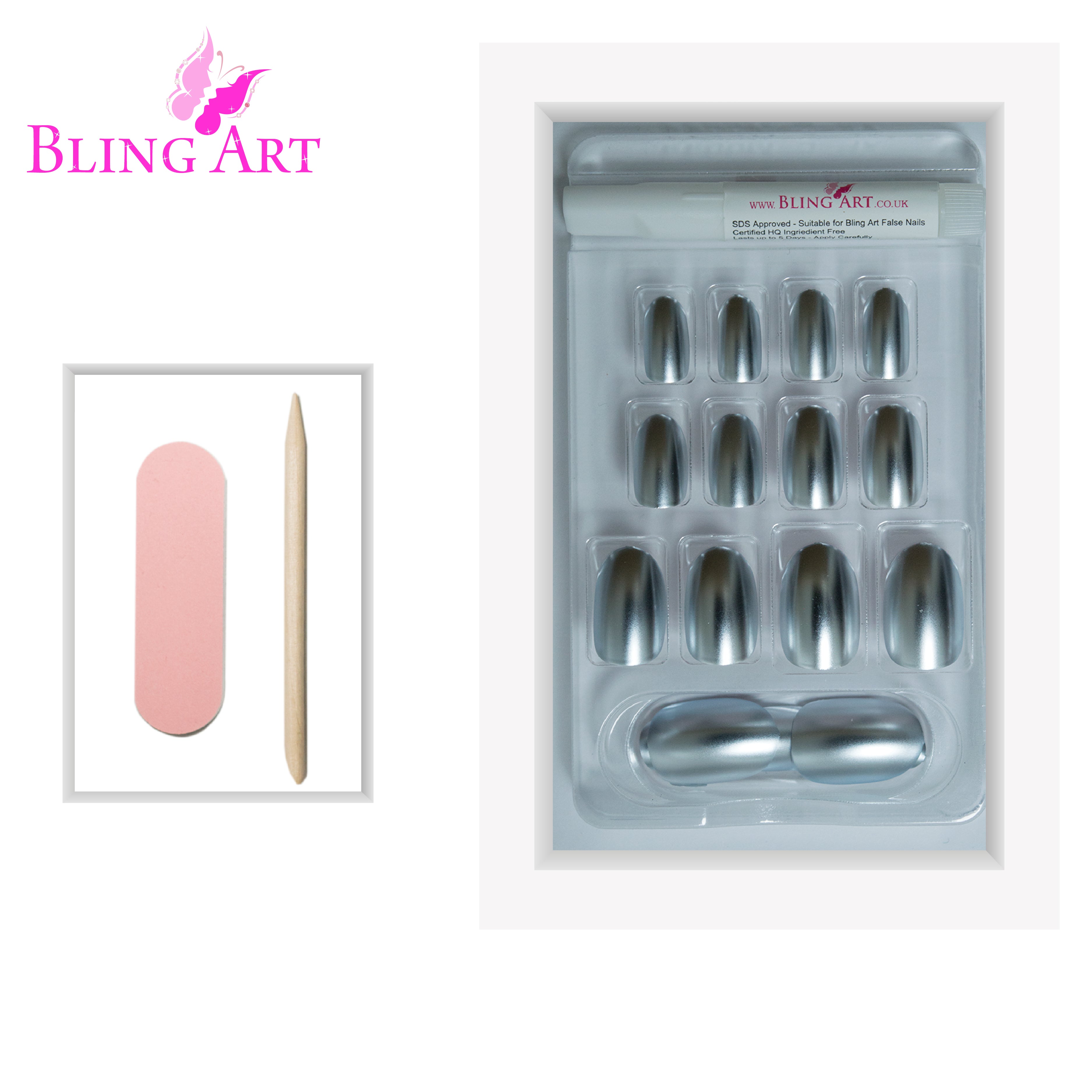 Silver matte metallic oval Bling Art press-on nails — lifestyle context shot showing the sleek chrome silver-matte finish.