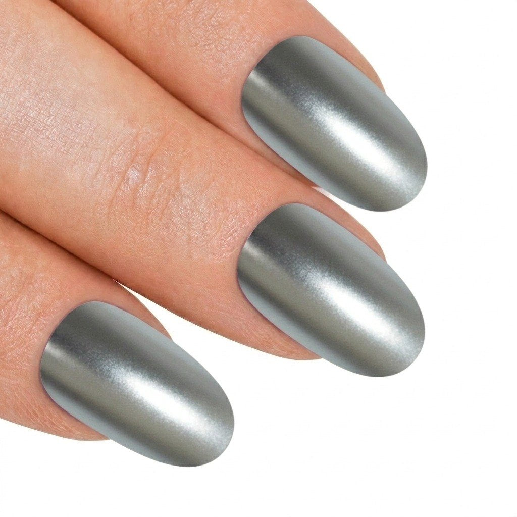 False Nails by Bling Art Silver Matte Metallic Oval Medium Fake Acrylic Tips