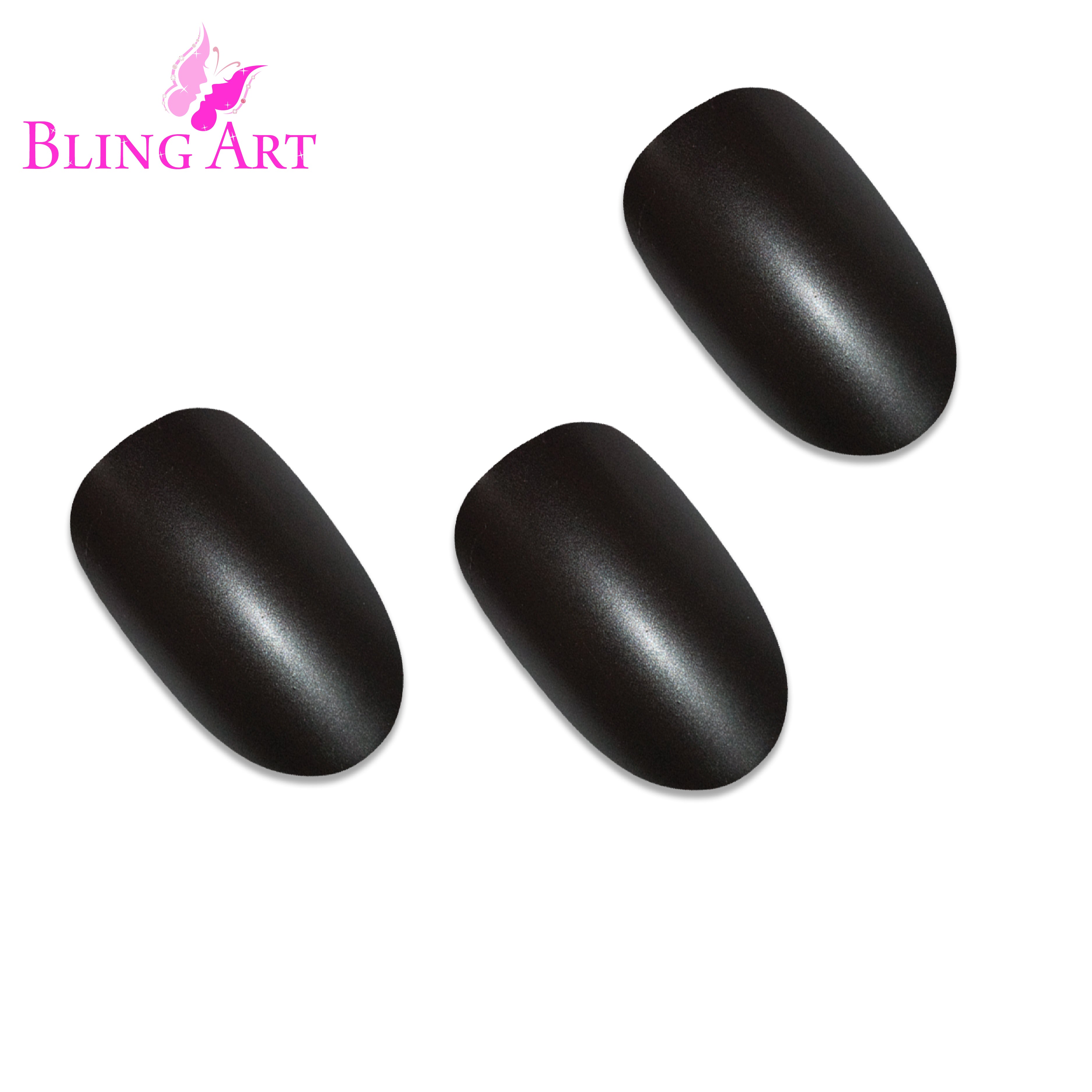 Black matte metallic oval Bling Art press-on nails — worn-hand close-up showing the jet-black chrome with velvet matte texture on oval tips.
