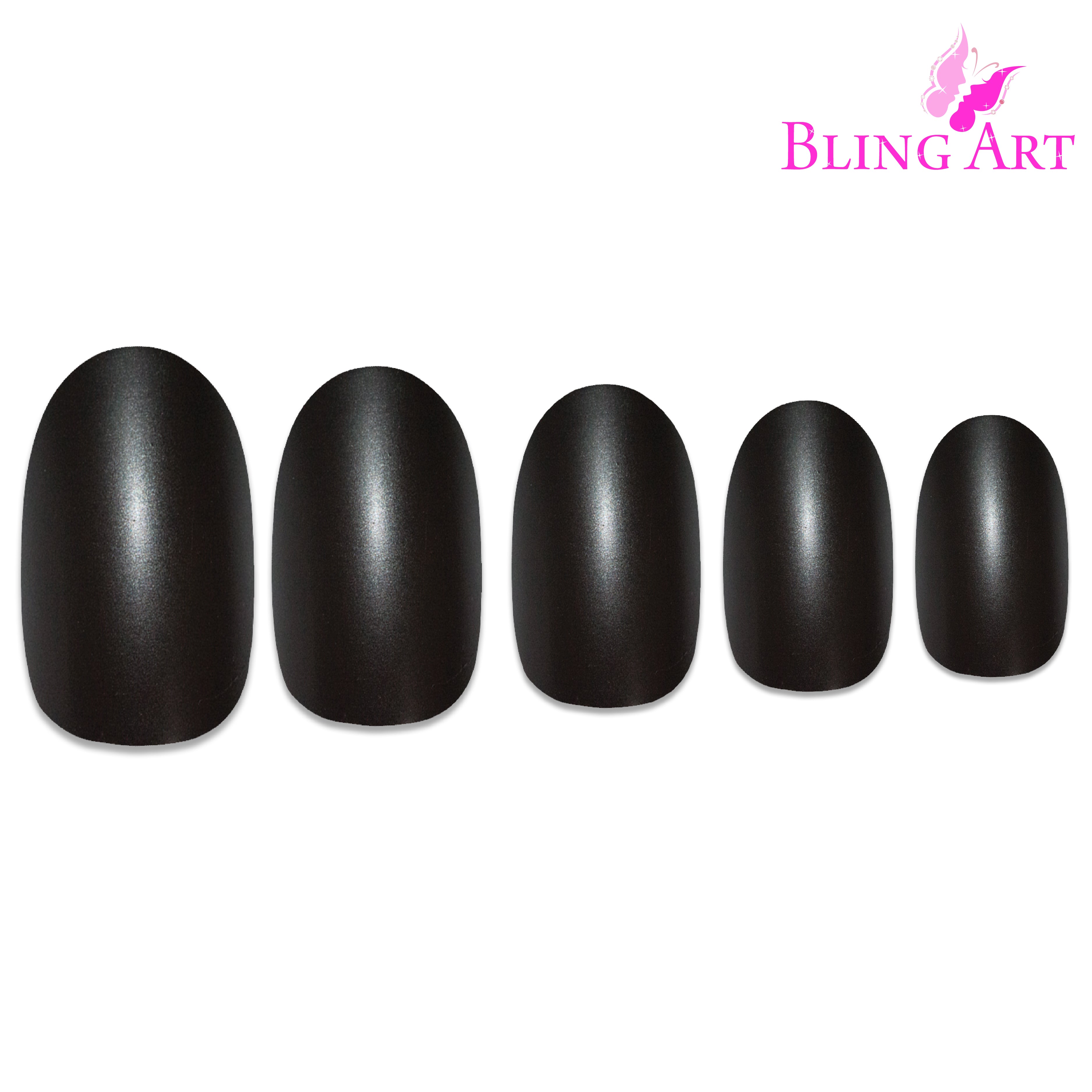 Black matte metallic oval Bling Art press-on nails — alternative angle revealing the bond line on the oval shape.