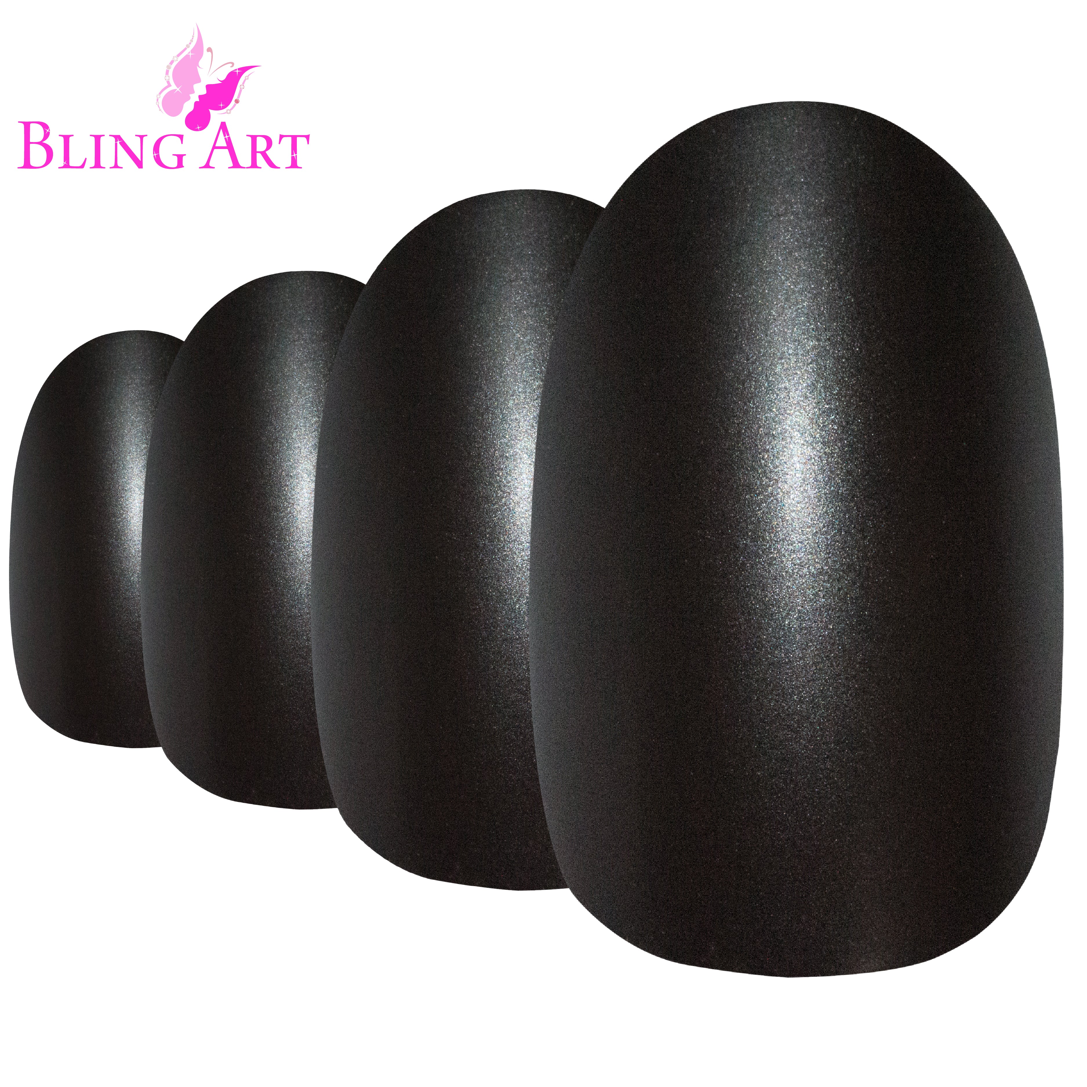 Bling Art Black matte metallic oval press-on nail set packaging — 24 nails, 12 sizes XS-XXL, file and cuticle stick included. Glue not included.
