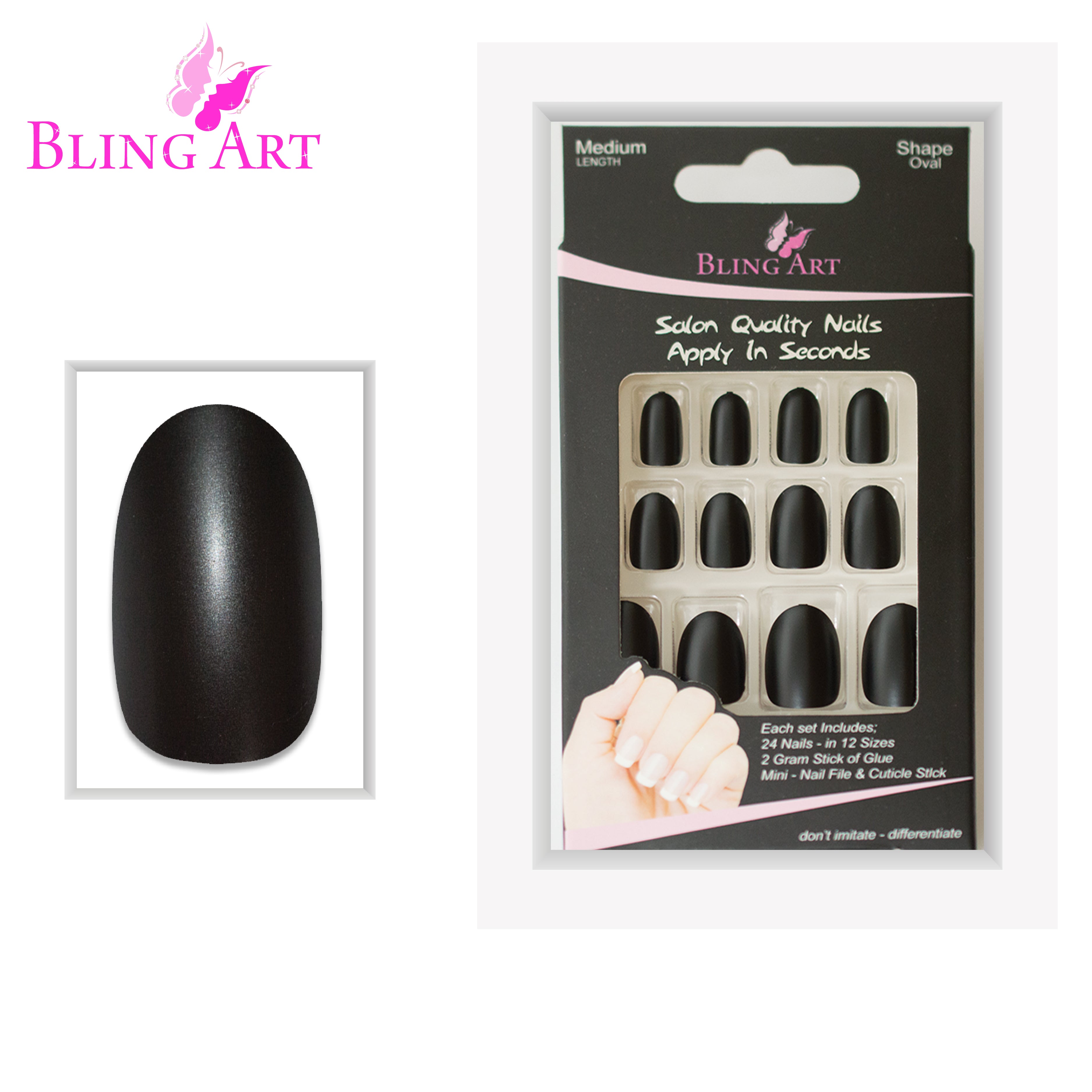Black matte metallic oval Bling Art press-on nails — full-hand reveal showing all 24 nails across five fingers for editorial and evening wear.
