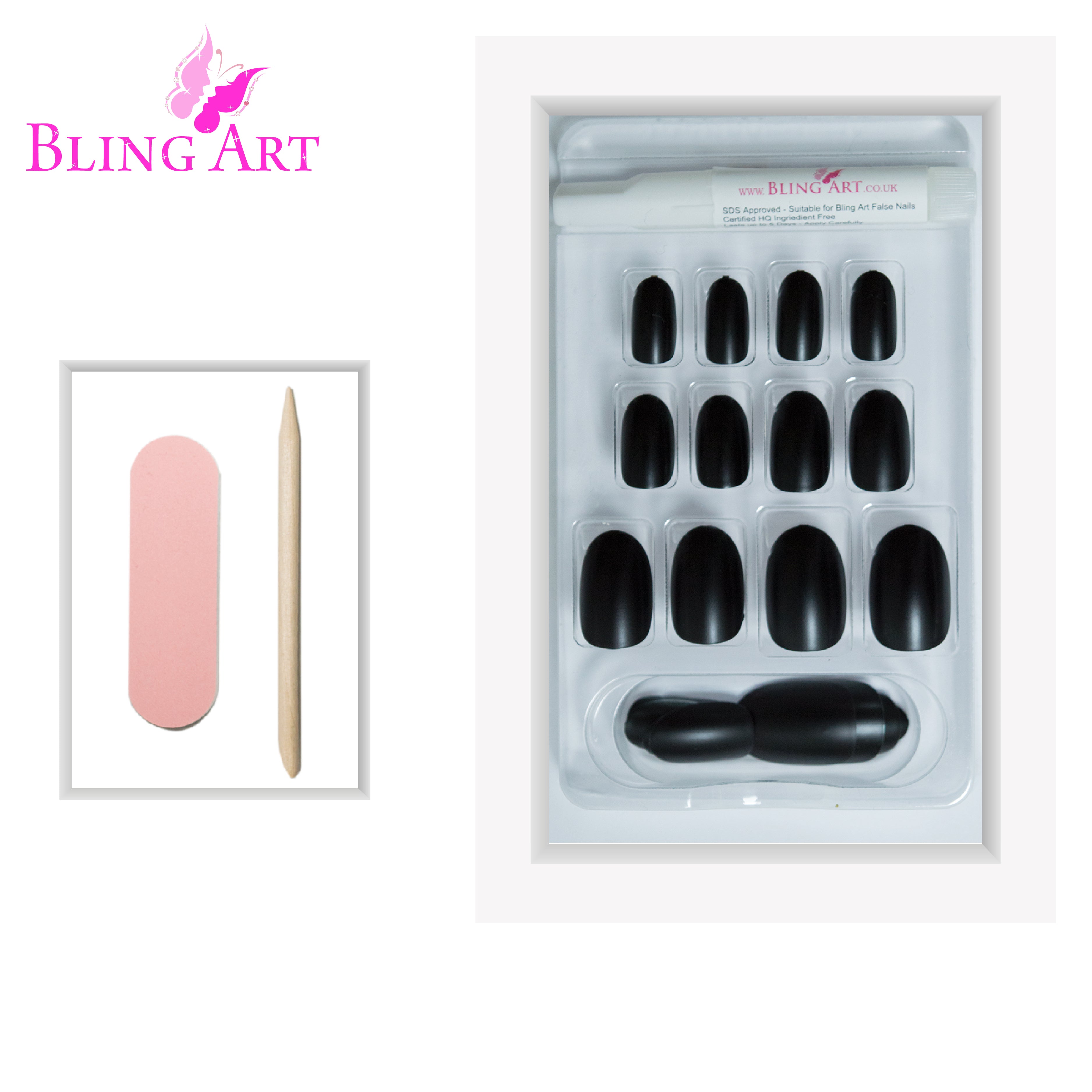 Black matte metallic oval Bling Art press-on nails — lifestyle context shot showing the modern jet-black chrome-matte finish.